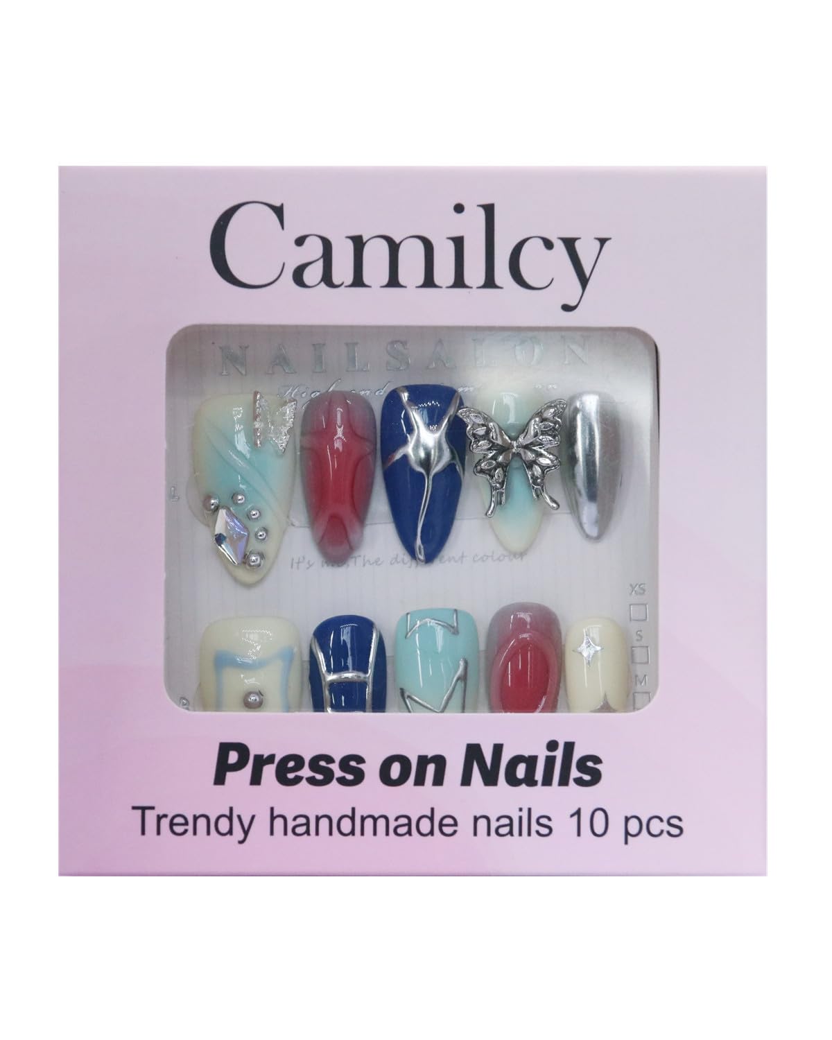CAMILCY Luxury Handmade Press On Nails Almond Short Blue Silver 3D Butterfly Rhinestone Glossy Fake Nails Reusable Salon Quality Acrylic Nails for Wome 10pcs (A140, L)