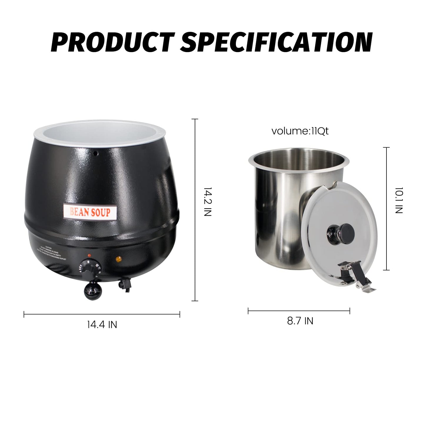 11Qt Commercial Soup Warmer, 400W Buffet Food Warmer Soup Kettle with Hinged Lid & Detachable Pot, Temperature Control (105-195°F) for Soups, Chili, Stew, Nacho Cheese - Black