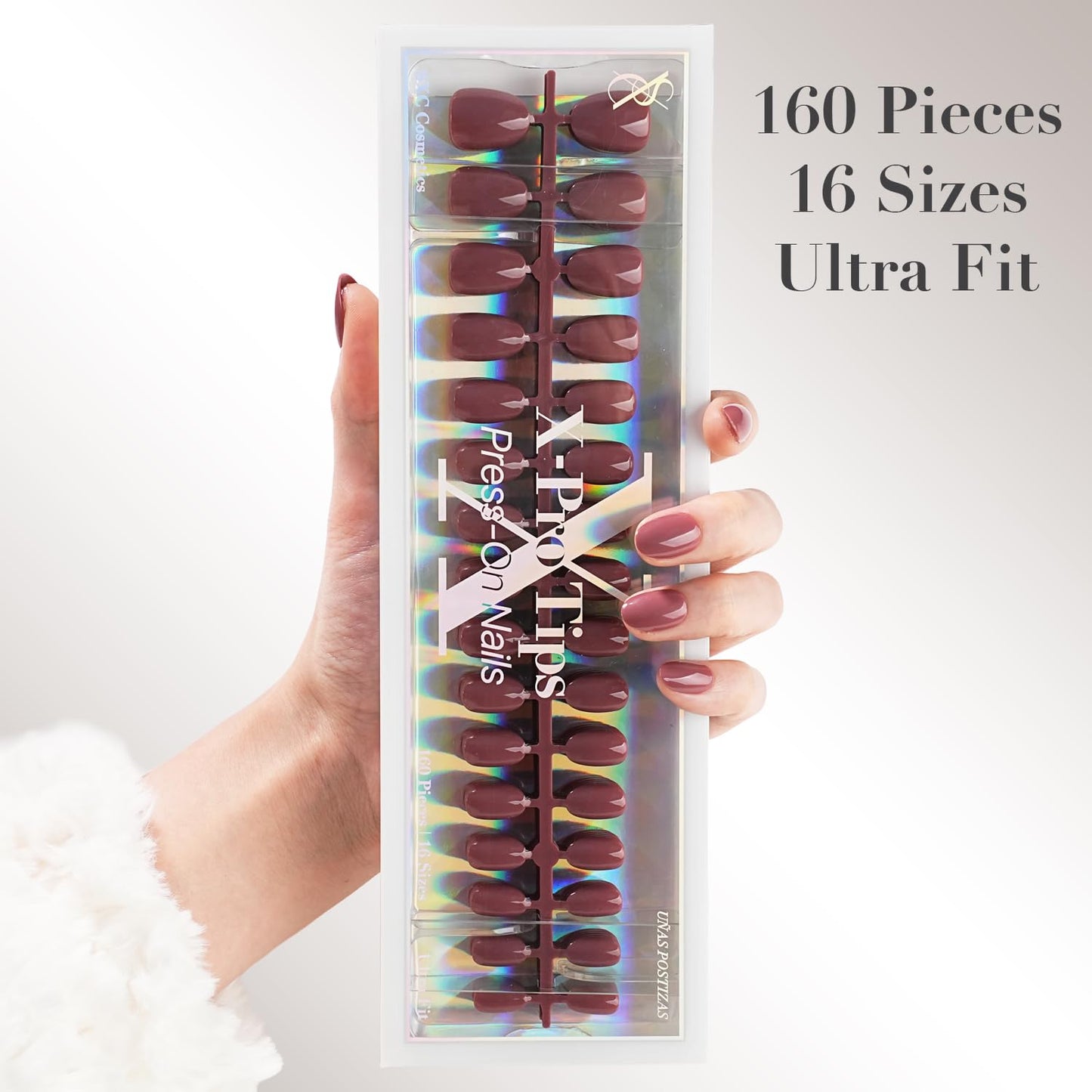 SXC Cosmetics Press On Nails - 012 Mocha Muse | X5 Signature Series - XS Almond X-Pro Tips Fake Nails, Salon Quality Nails 16 Sizes - 160 pieces Nail Kit with Glue
