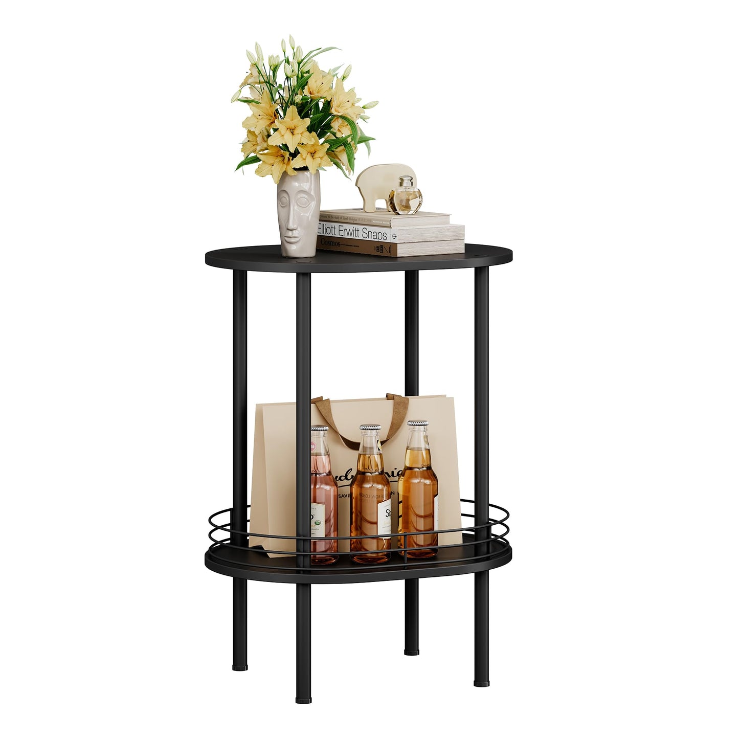 Small Modern Oval Side Table with Storage,2-Tier Side Tables Living Room,Sturdy Nightstand for Small Space - Living Room, Bedroom, Bathroom, Nursery,(1 PC,Black)