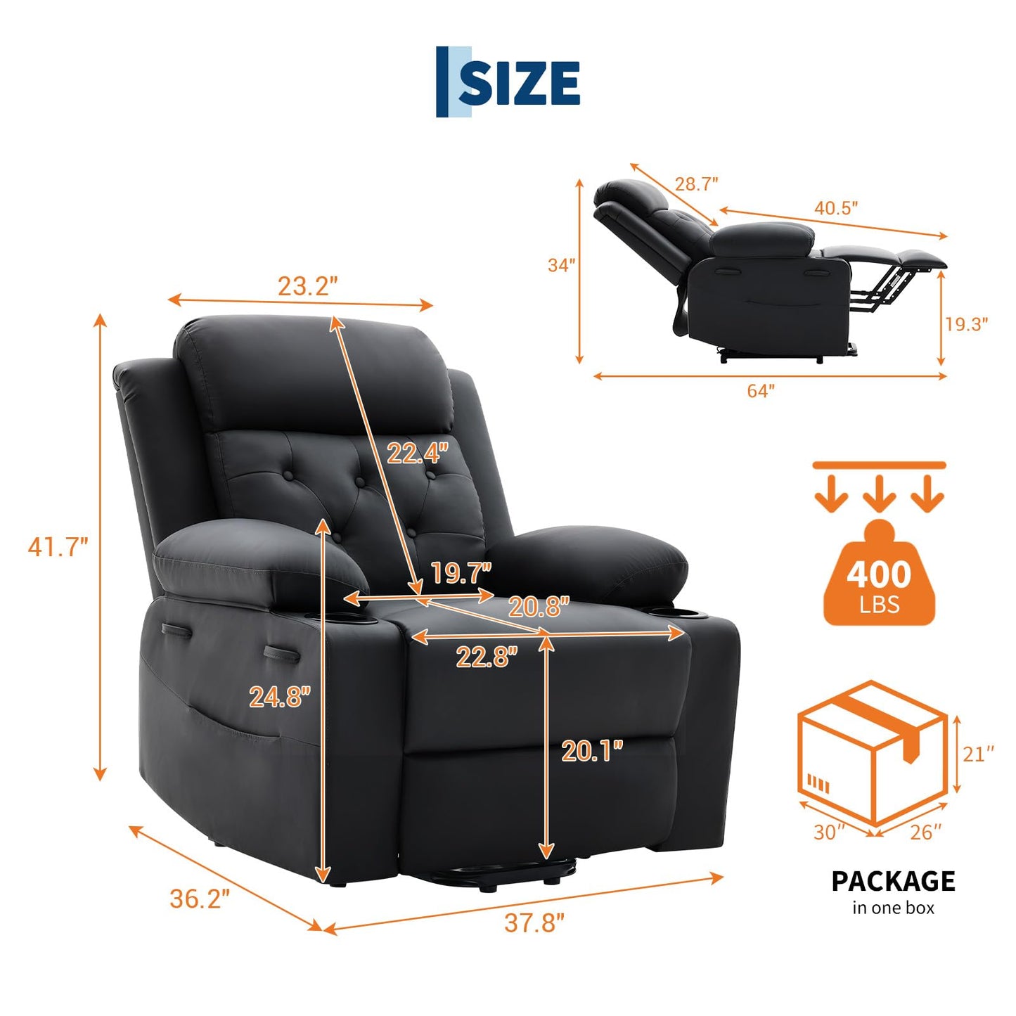 PeacefulHues Oversized Power Lift Recliner Chair for Elderly,Electric Lift Chair with Vibration Massage and Lumbar Heating,PU Leather Single Sofa with Side Pockets, Two Cup Holders for Big and Tall