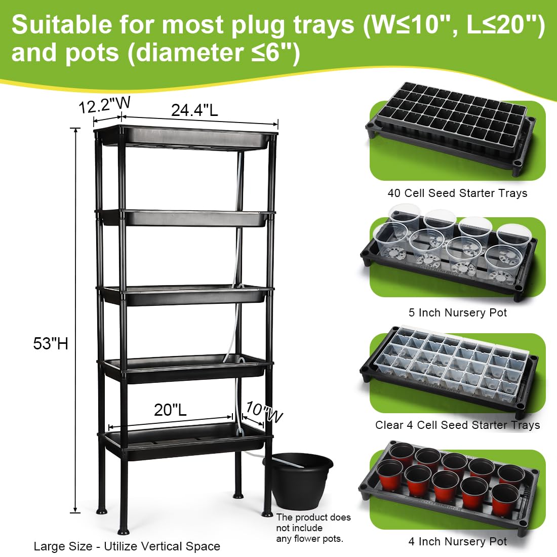RooTrimmer 5-Tier Seed Starter Tray, Plant Stand with Grow Lights & Pump - Hydroponics Growing System, Ebb and Flow Seedbeds, Siphoning Watering, Designed for Nursery Cell Trays, Plant Pots