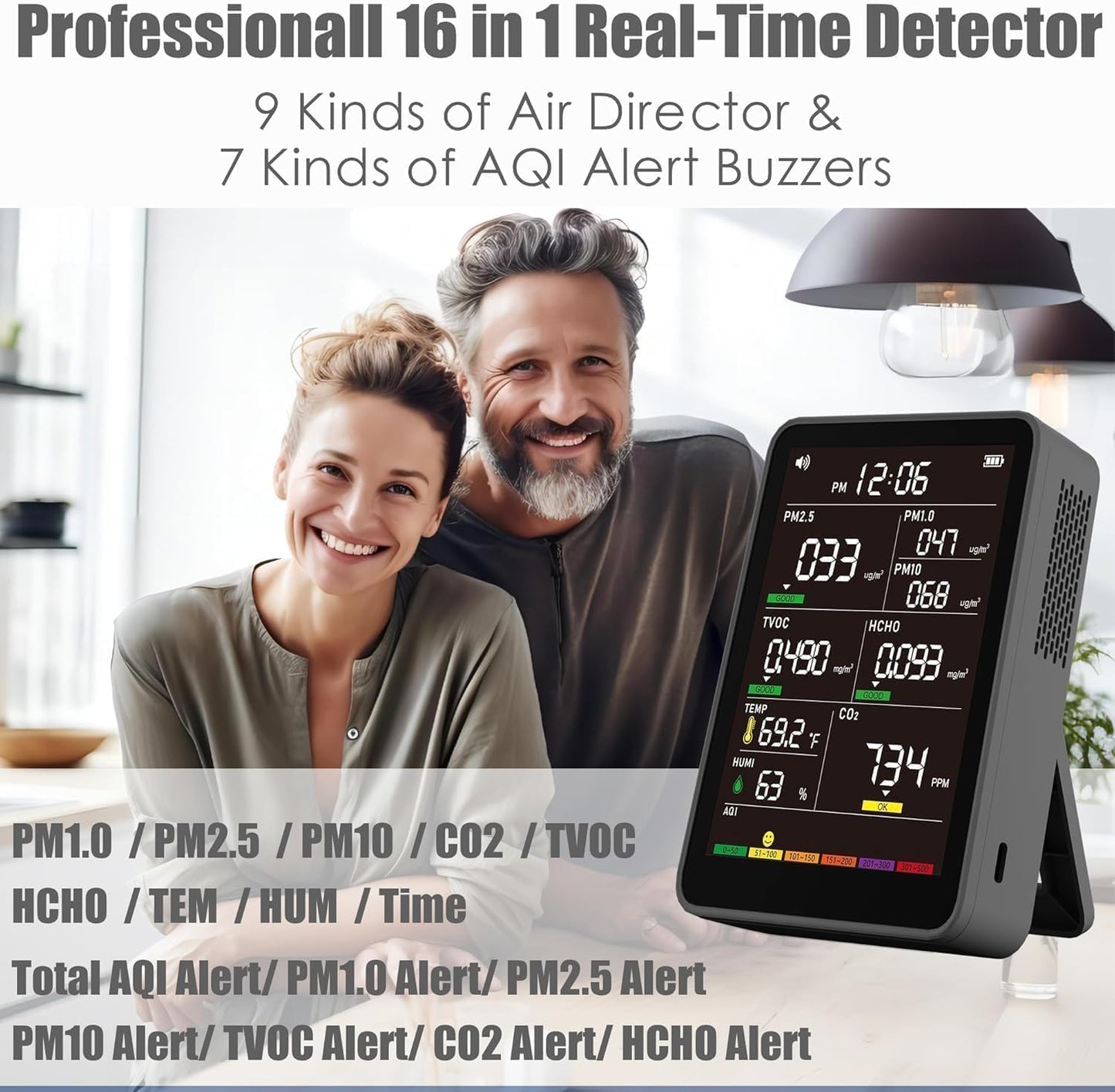 Professional Indoor Air Quality Monitor with AQI, Portable Real-Time Detector for Home Cars Plants and Pets (Taupe Black)