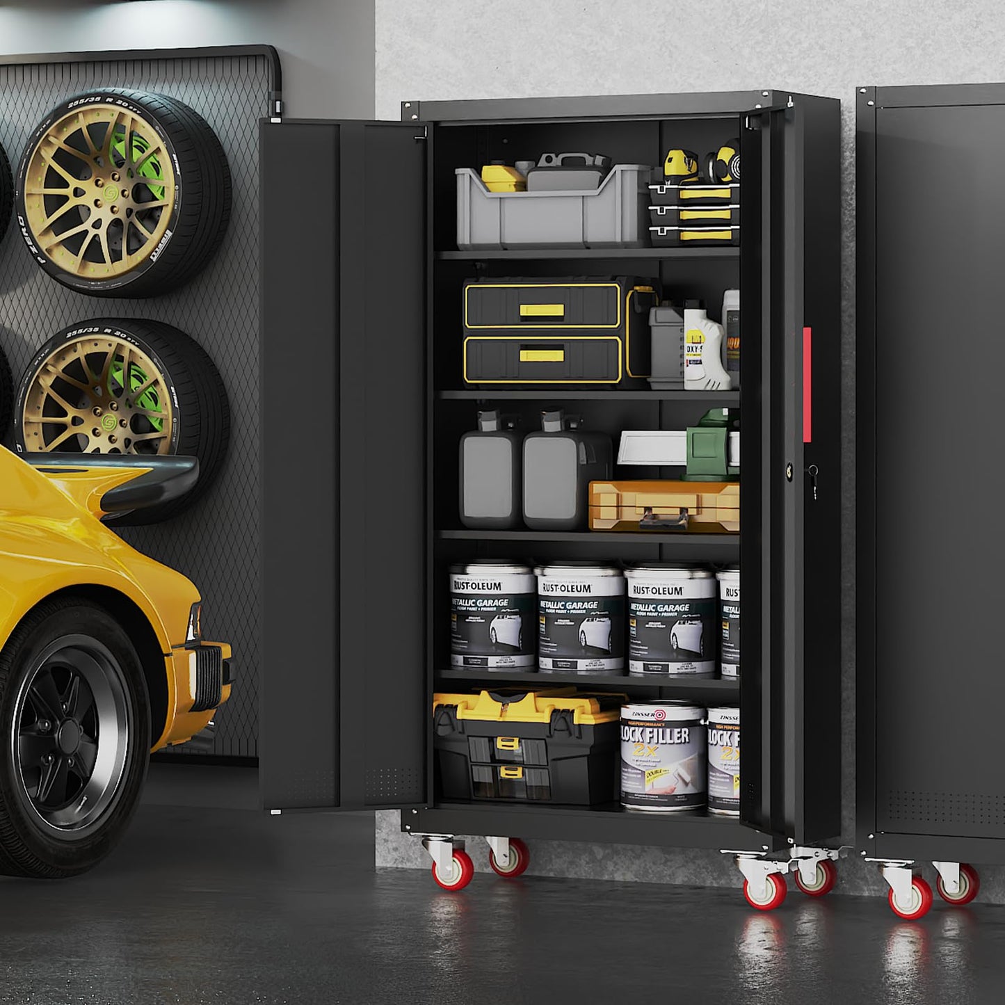 Rumetol Metal Storage Cabinet with Wheels,71" Garage Cabinets with 4 Adjustable Shelves and Lockable Doors,Black Locking Cabinet Suitable for Garages,Home,Office