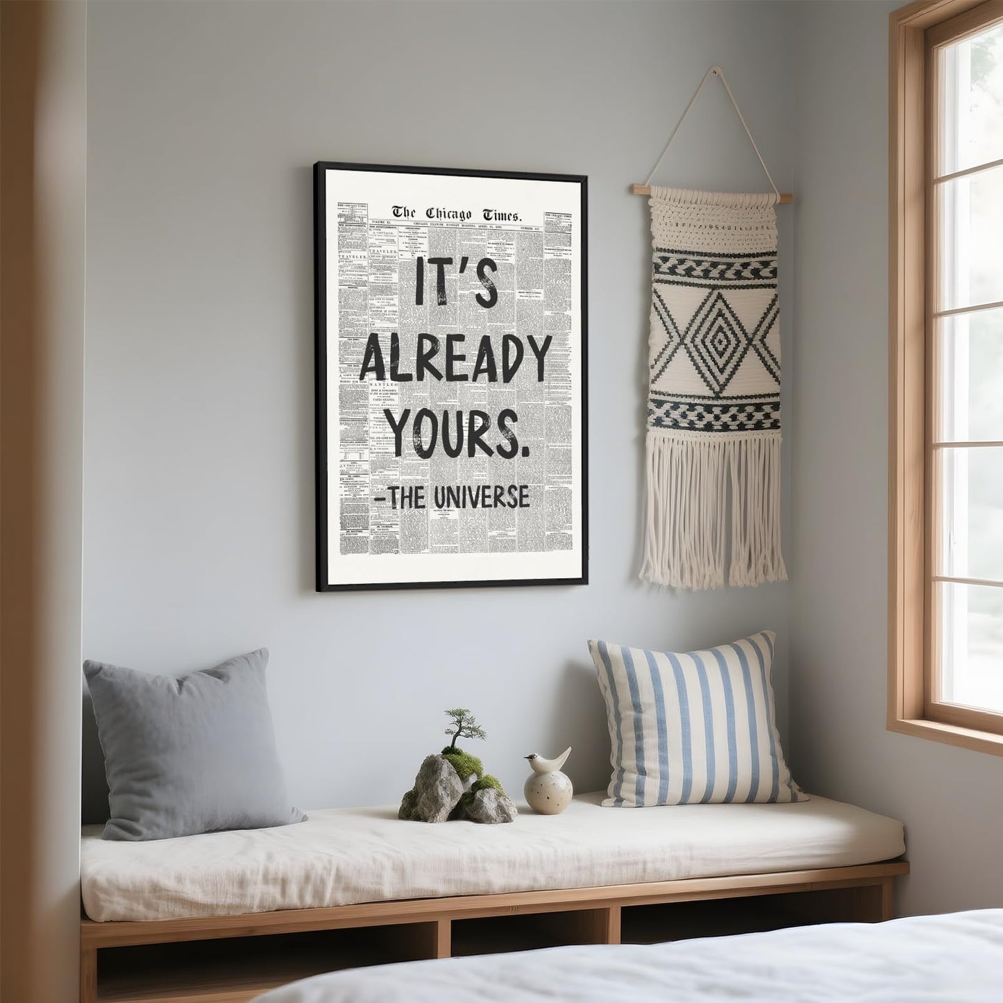 Framed Black And White Retro Newspaper Wall Art ItS Already Yours Universe Quote Poster Trendy Positive Inspirational Wall Decor for Bedroom Office Apartment Dorm Affirmation Canvas Print 8x12inch