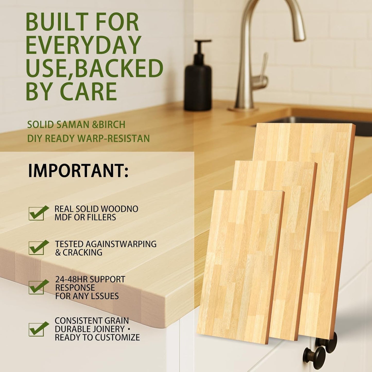 2.5ft Butcher Block Countertop– 30"x25" Solid Birch Wood DIY Countertop, Durable Counter Table Tops for Kitchen Island, Bar, Workshop, Laundry Counters Dining Room Tables 1.5" Thick