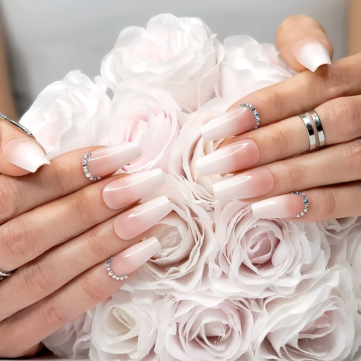 Hypnaughty 24 Pcs Rhinestone Luxury Coffin Press on Nails with Design and Glue Long Fake Nails Nude and White Ombre with Rhinestones Glossy Glue On False Nails (Rhinestone)