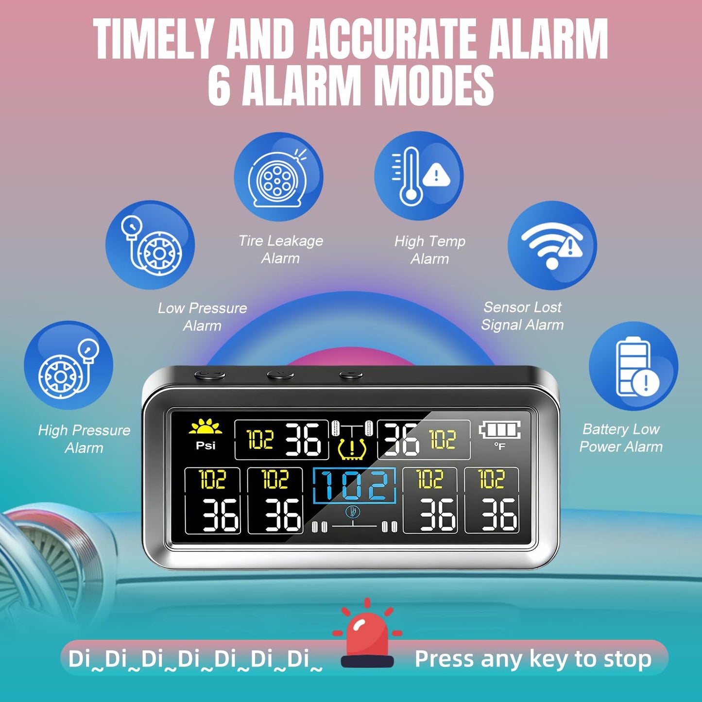 Tire Pressure Monitoring System - RV TPMS with 6 External Sensors & 6 Alert Modes, 4.0" Large LCD Display, Intelligent On/Off Solar TPMS for Trailer Camper SUV Pickup truck Easy to install, 0-144 PSI