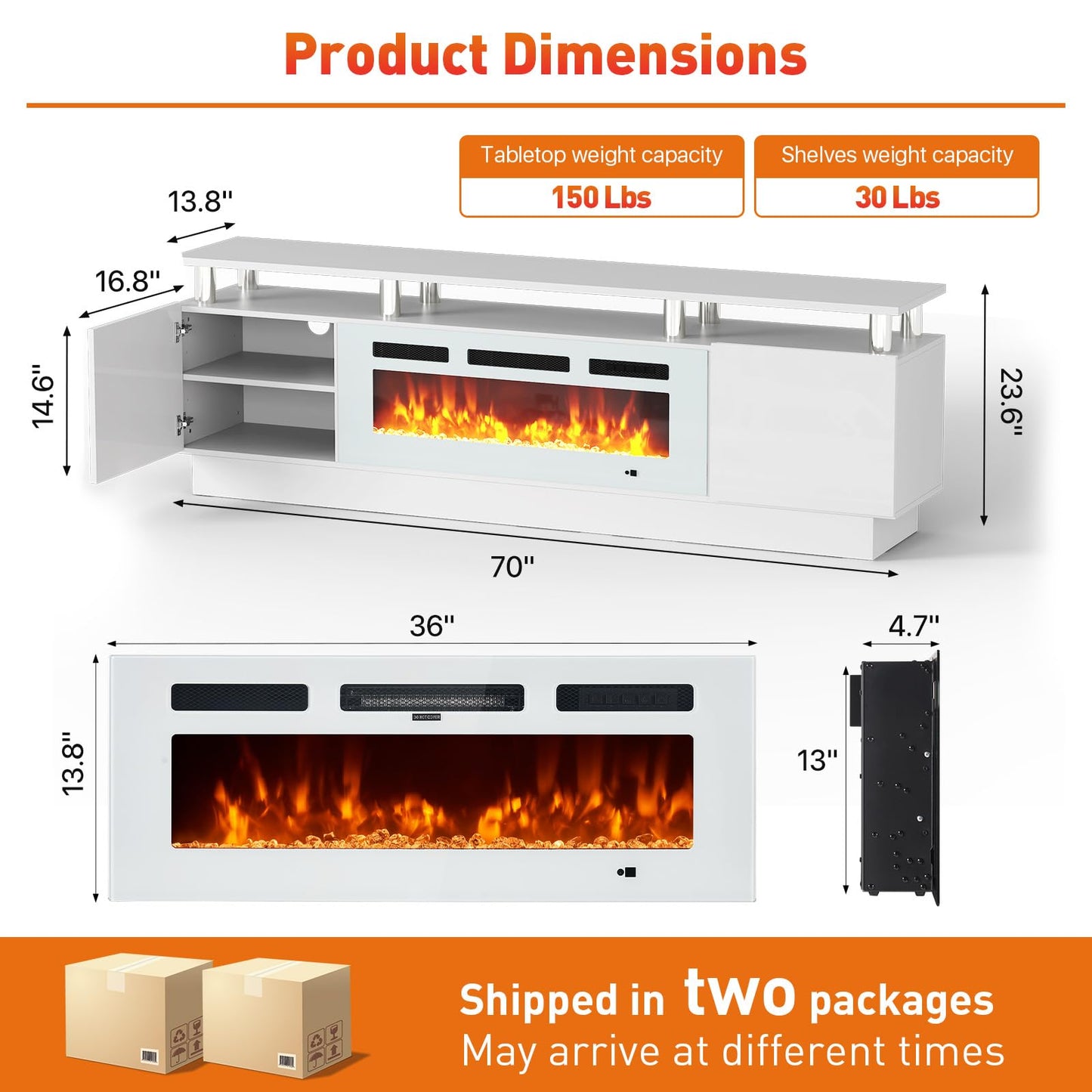 MXV 70" Fireplace TV Stand, Modern Entertainment Center & 36 Inch Electric Fireplace with Remote Control, LED Light, Fire Place Tv Stand for Living Room for TVs up to 80", White + White