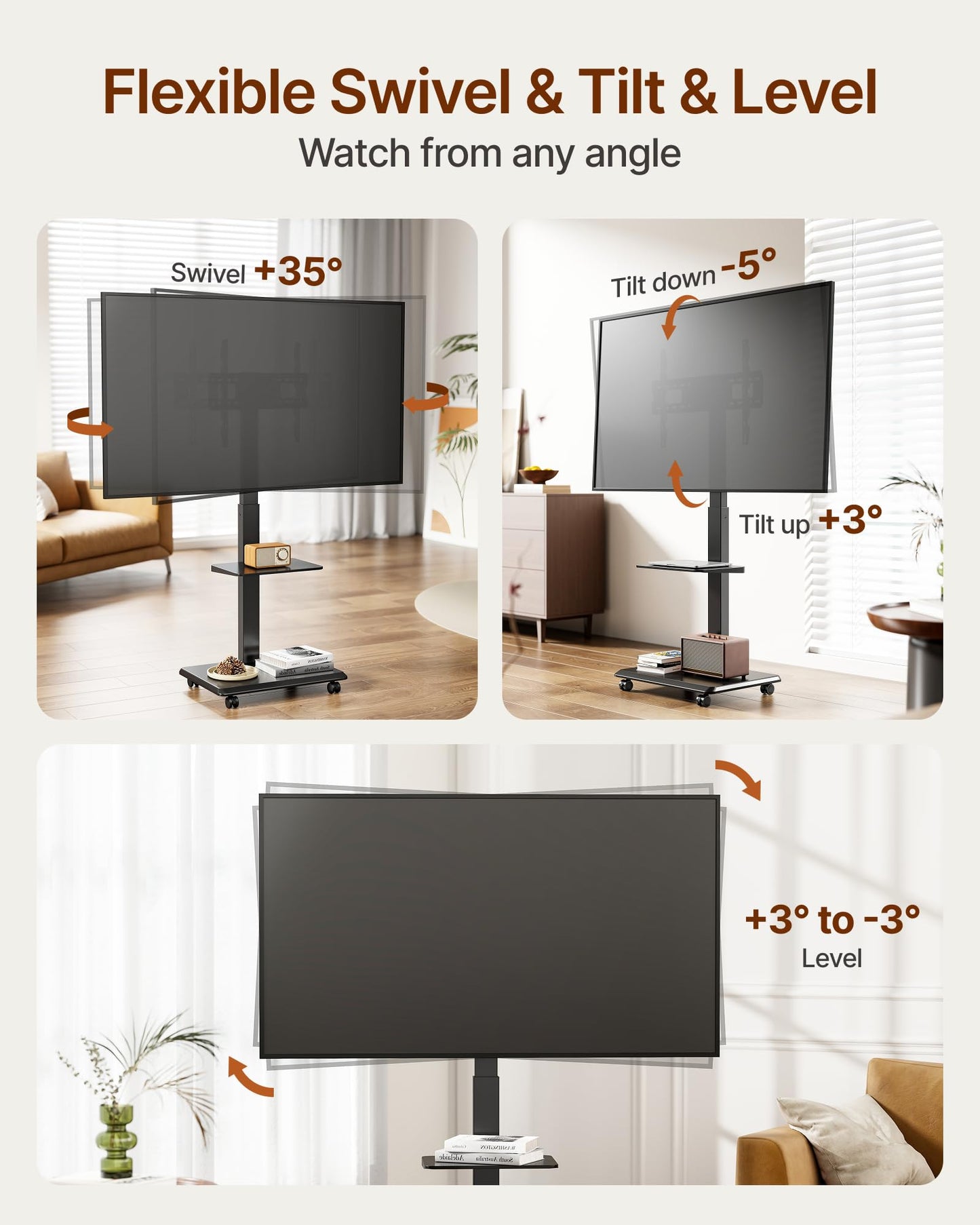 ECOTINY Steel Base Rolling TV Stand for 32-75 inch TVs up to 110 lbs, Leveling & Tilt & Swivel Mobile TV Stand with Hidden Wire Management, Height Adjustable Portable Tv Stand with Steel Shelf, Black