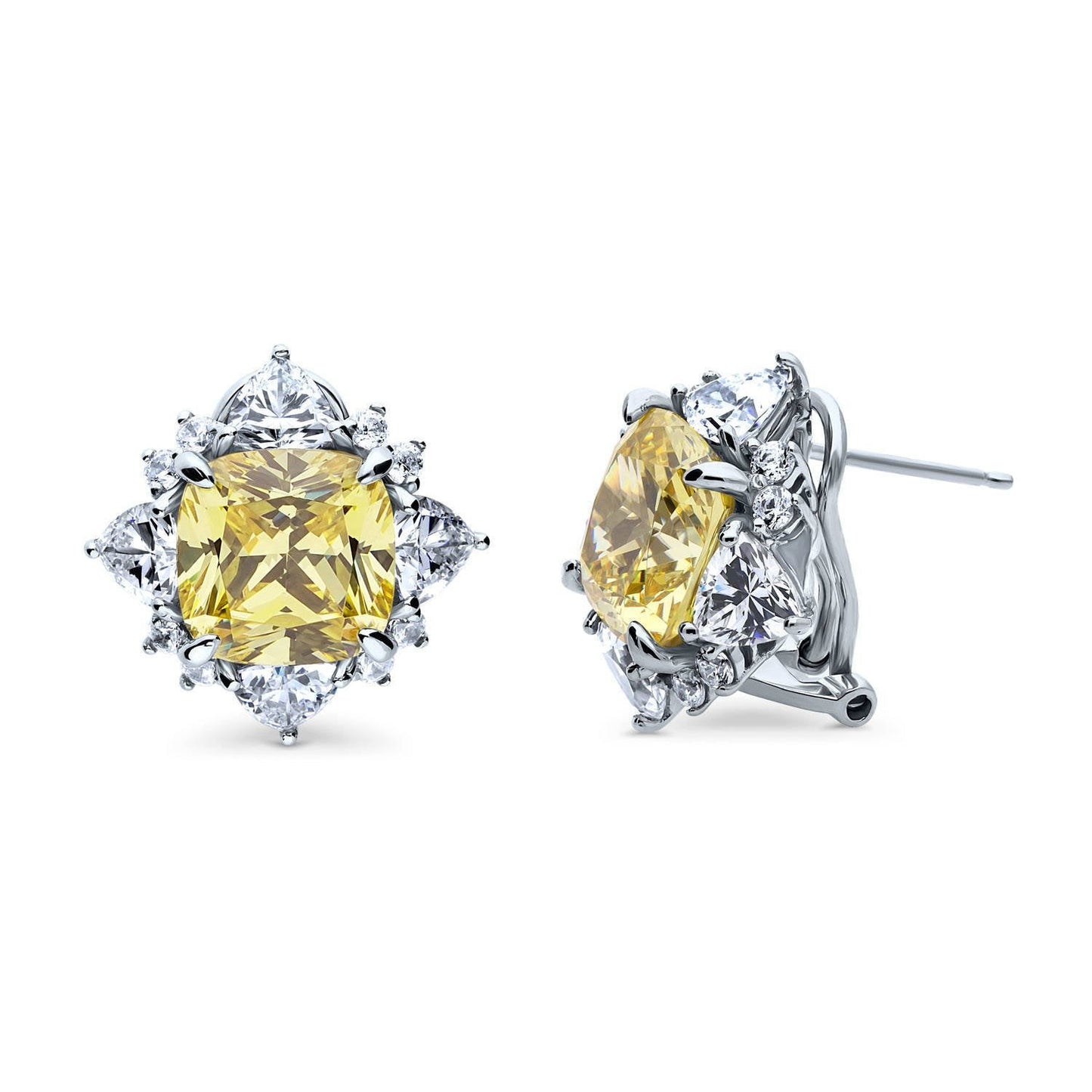 BERRICLE Sterling Silver Halo Canary Yellow Cushion Cut Cubic Zirconia CZ Flower Fashion Necklace and Earrings Set for Women, Rhodium Plated