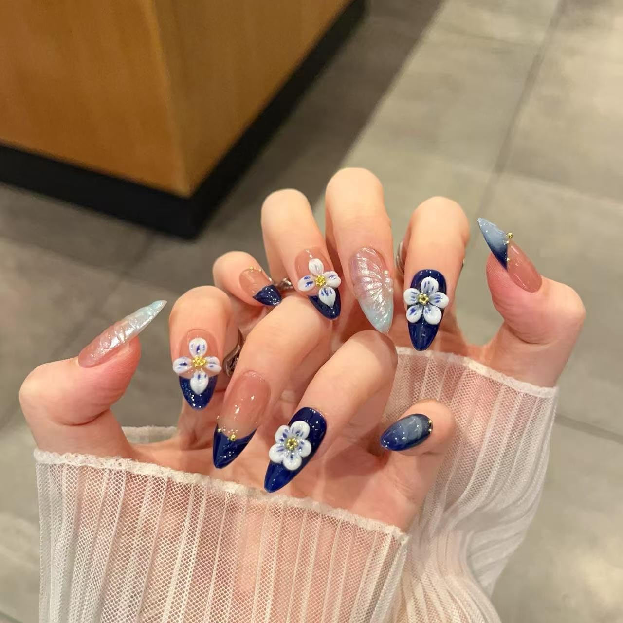 Handmade Press-On Nails – Medium Almond Thick Acrylic Gel Nails, Reusable 3D Flower False Nails, Gradient Blue French Tip Manicure – Salon-Quality DIY Nail Art(10PCS-S)