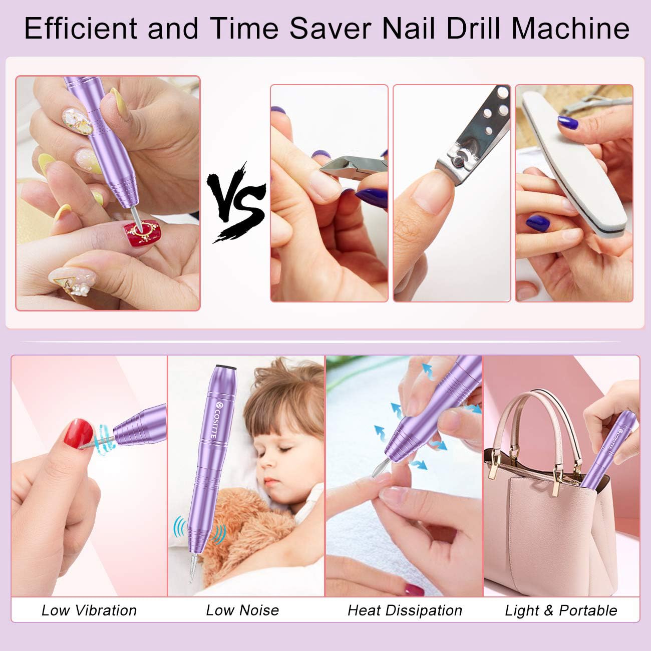 COSITTE Electric Nail Drill,USB Electric Nail Drill Machine for Acrylic Nail Kit,Portable Electric Nail File Polishing Tool Manicure Pedicure Kit Efile Nail Supplies for Home Salon,Lilac