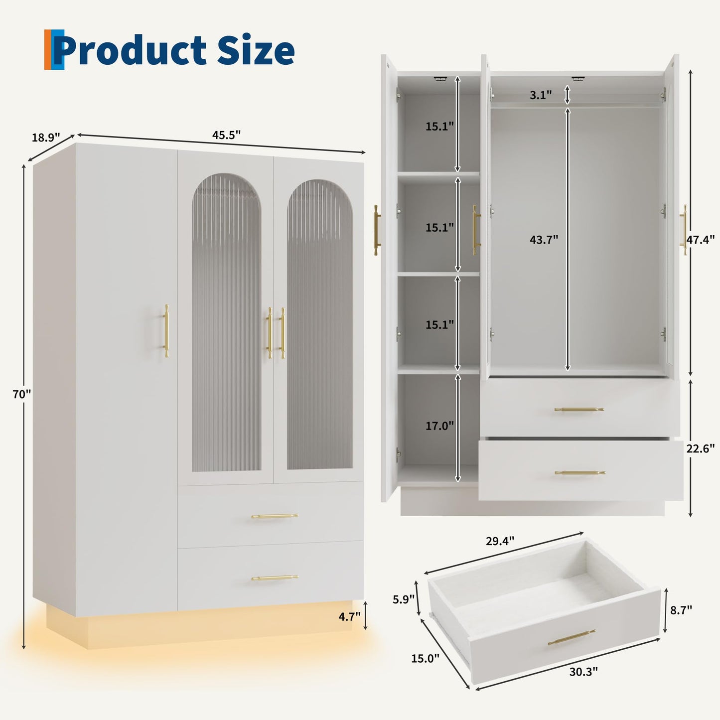 GarveeHome Bedroom Armoire Wardrobe Closet with 3 Doors & 2 Drawers, 71" Tall Wooden Large Armoire Storage Cabinet with Modern Fluted Glass & Shelves, w/Hanging Rod, Sturdy Frame, for Bedroom, White