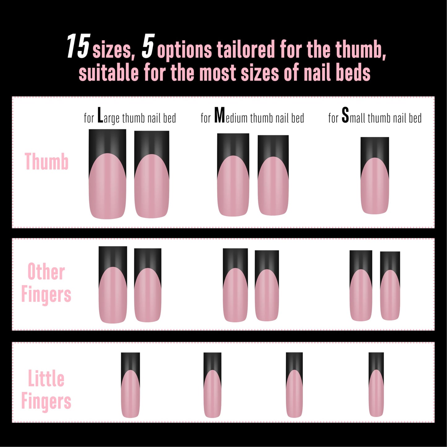 NOVO OVO Long Sharp Square Black French Tip Nail Tips Press on BERRY PINK, Extra Thick NEED Builder Gel & Top Coat & Glue, Soft Gel full Cover False Fake Nail Extension for Salon DIY x 15 Sizes 180 pc