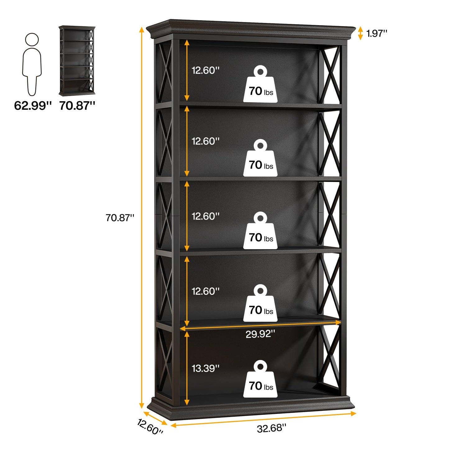 Tribesigns 6-Tier Bookcase, 71 Inches Industrial Bookshelves and Bookcases, Floor Standing 5 Shelf Display Storage Shelves Tall Bookcase for Home Office, Living Room, Bed Room, All Black