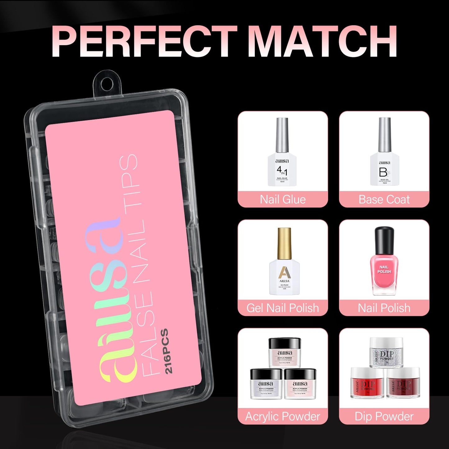 AILLSA Long Coffin Nail Tips Half Matte Full Cover Nails Tip Clear Acrylic Pre-Shaped Tips Flase Press on Nail Tips for Extentions Nails Manicure Salon DIY 216PCS 12 Sizes