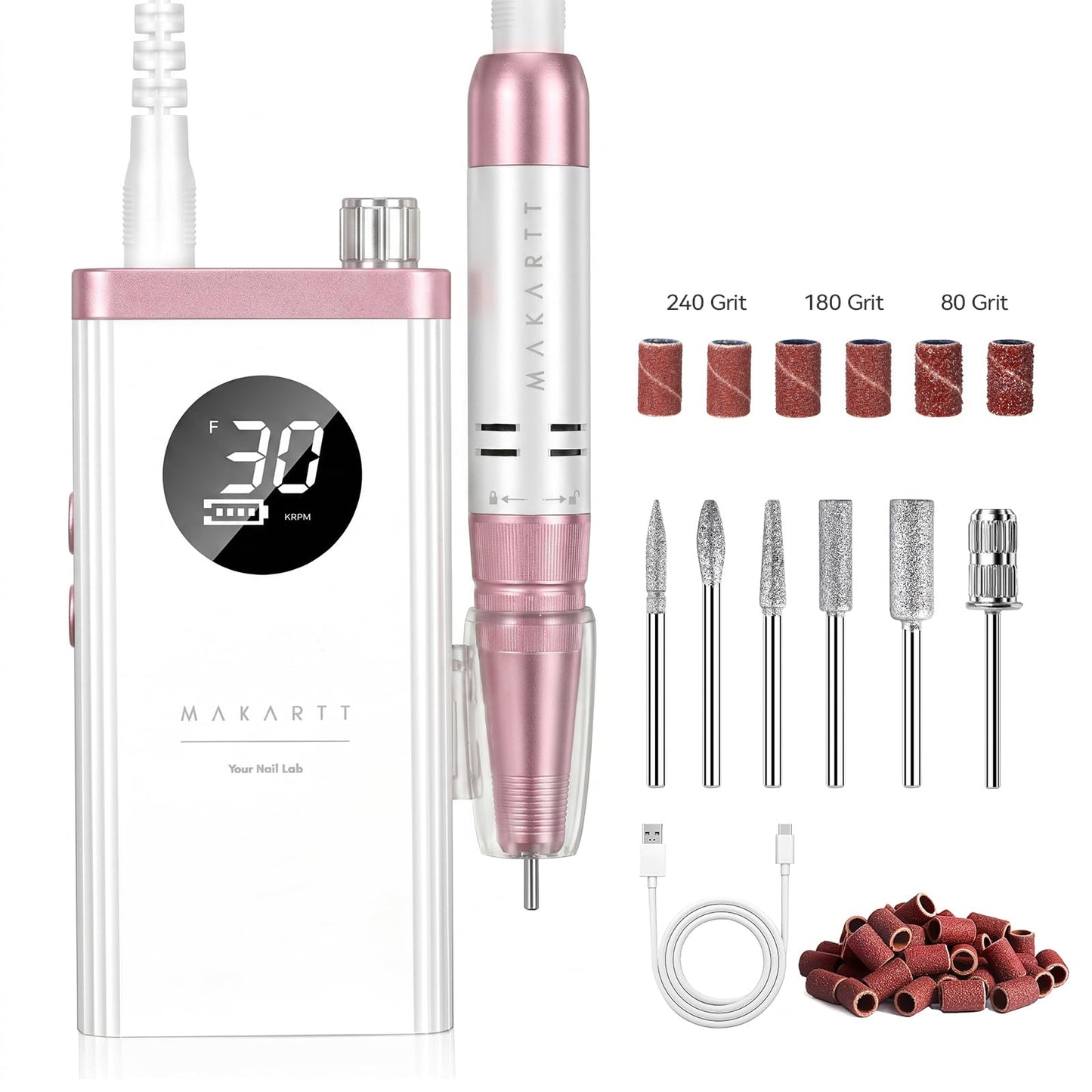 Makartt Cordless Nail Drill 30000RPM - Rechargeable Electric Nail File for Beginners & Pros Ready, Quiet 8H Efile Kit for Acrylic & Gel Removal, 48W Carbon Motor with LCD, Home & Beauty School, White