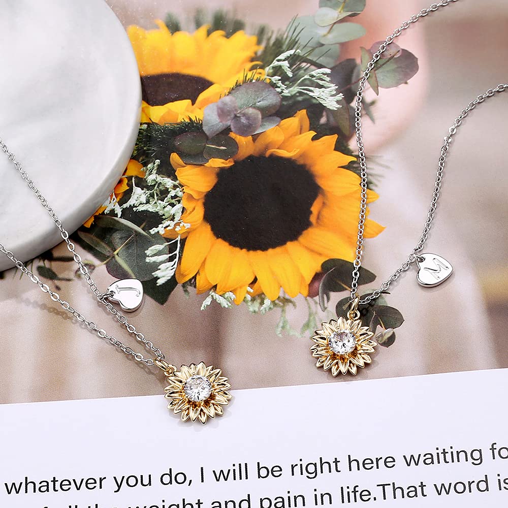 MONOZO Initial Sunflower Necklace for Women Trendy, 14k Gold Plated Sunflower Necklace Pendant CZ Heart Letter Initial Necklace You Are My Sunshine Gifts Sunflower Jewelry N