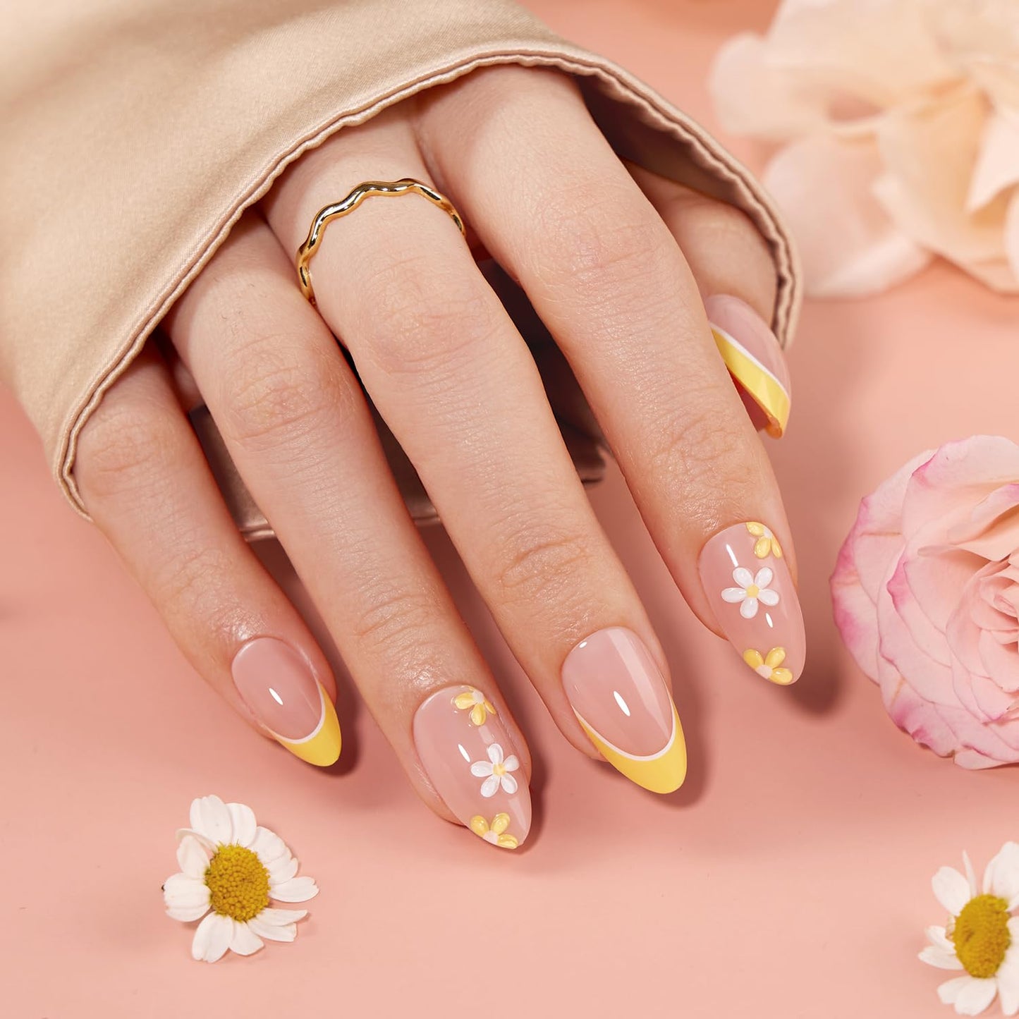 VSALON Press on Nails Short Almond - French Tip Lemon Yellow 3D Flower Design Fake Nails Kit, Floral Spring Summer Salon Gel Glue on Nails with Glue & Cuticle Oil - 32 PCS Stick on Nails in 16 Sizes