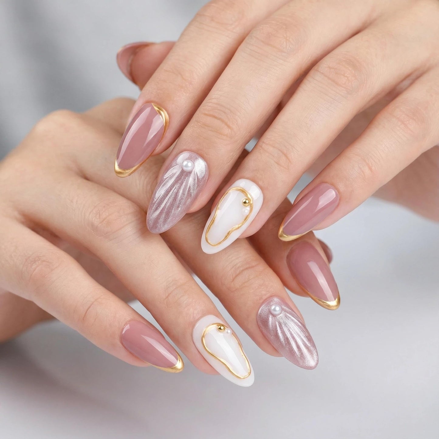 3D Press On Nails Almond Shape, Nude Pink with Gold Edge & Pearl Design, Glossy Luxury Fake Nails Set, 24PCS Reusable Artificial Nails for Women