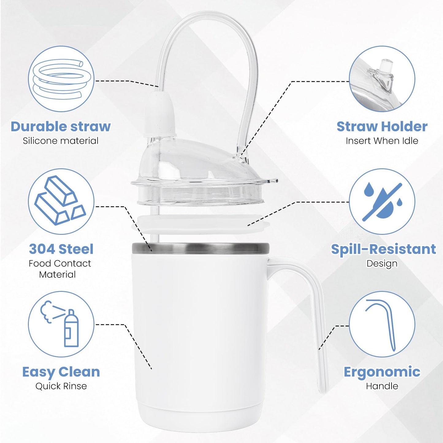 sturion Adult Drinking Cup, 15 oz Stainless Steel Drinking Cup with Handle, Spill-Resistant Lid, 3-in-1 Design with Long Straw, Easy-Hold Cup for Seniors, Home and Daily Use, White