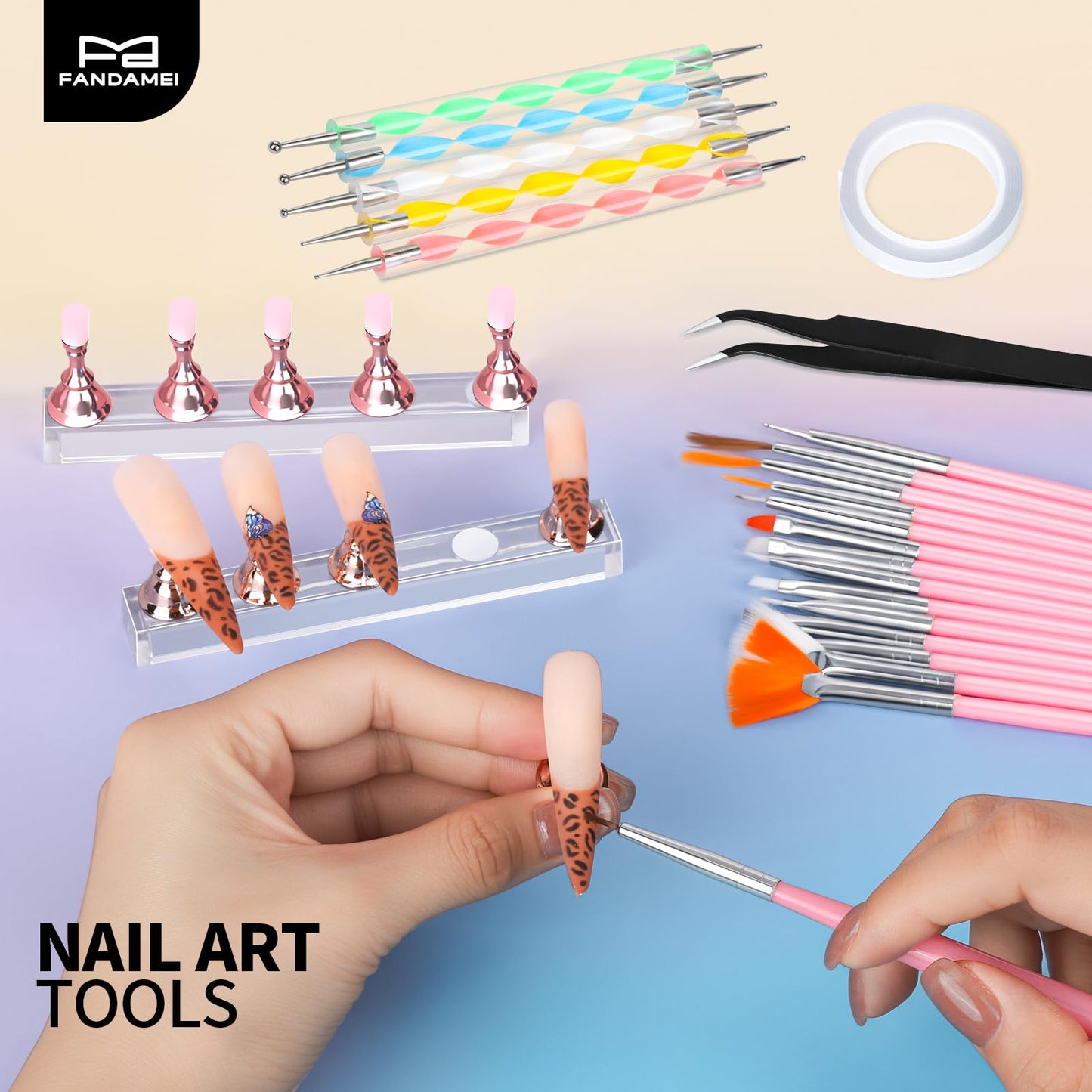 FANDAMEI Nail Art Tools, Nail Brush, 15 PCS Nail Art Brushes, 5 PCS Nail Dotting Tool, Nail Stand, Nail Holder For Painting Nails, Press On Nail Stand, Nail Tools, Nail Design Tools
