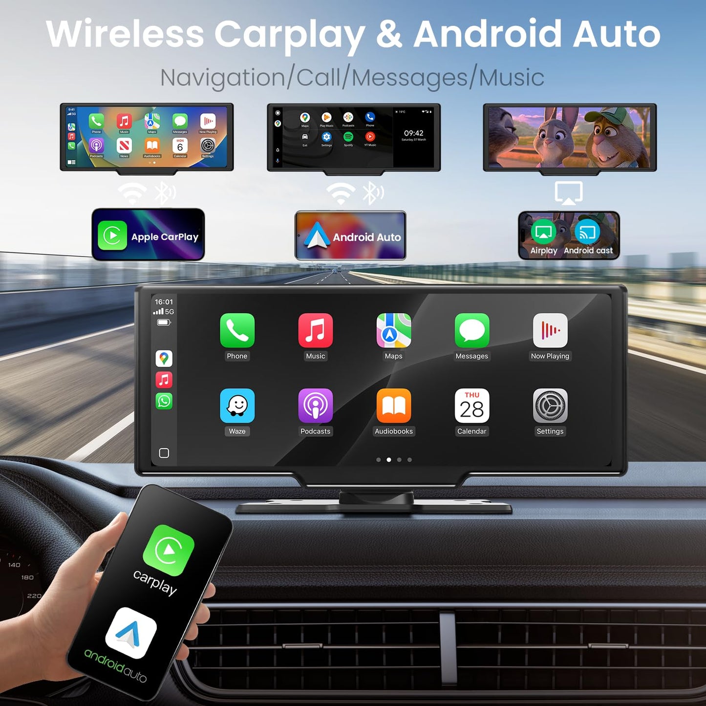 10.26 Inch Wireless CarPlay Screen - 4k Dash Cam Car Play & Android Auto Screen for Car, 1080p Backup Camera, Voice Control Mirror Link Bluetooth GPS Navigation Bluetooth Mirror Link