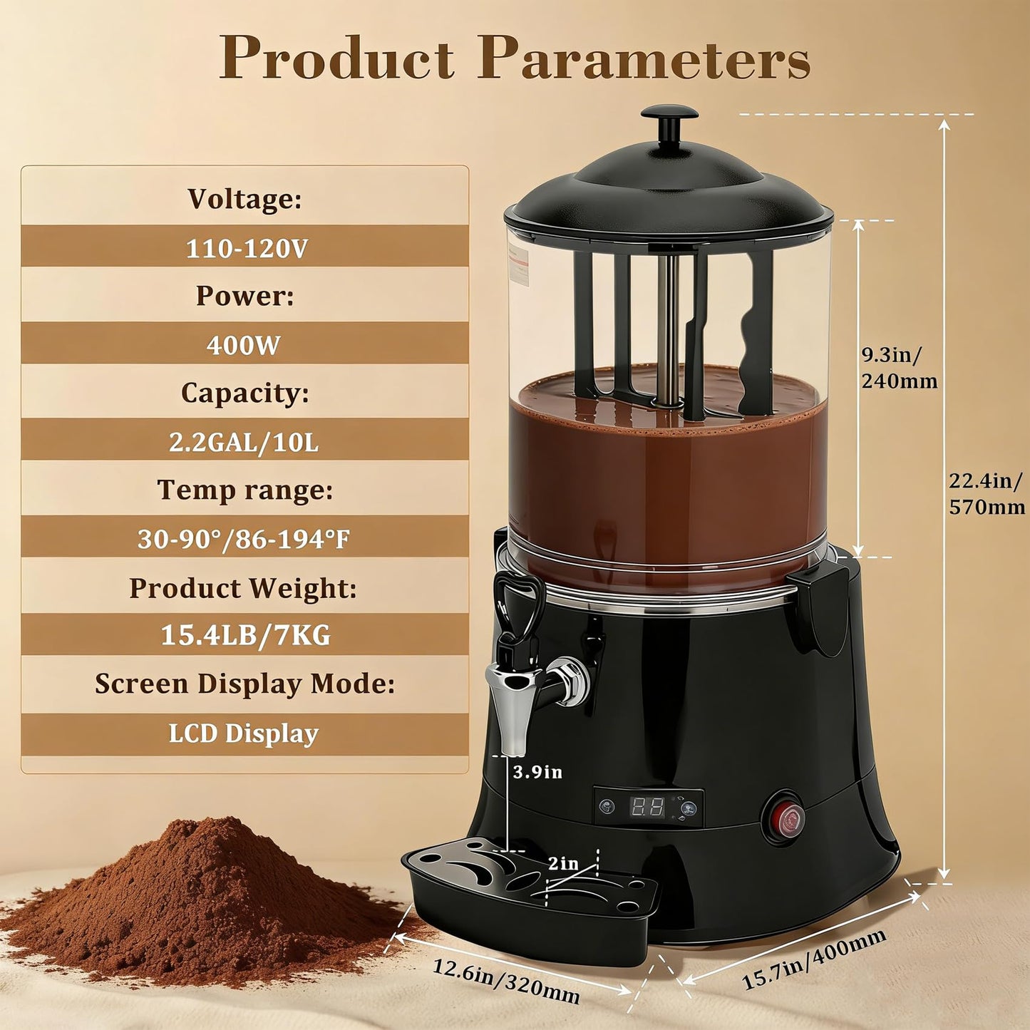 Anrain 10L/2.6Gal Commercial Hot Chocolate Machine, 80 Cup Hot Drink Dispenser with 86-194°F Adjustable Temperature, Hot Chocolate Machine Maker for Cocoa, Milk, Coffee, Juice