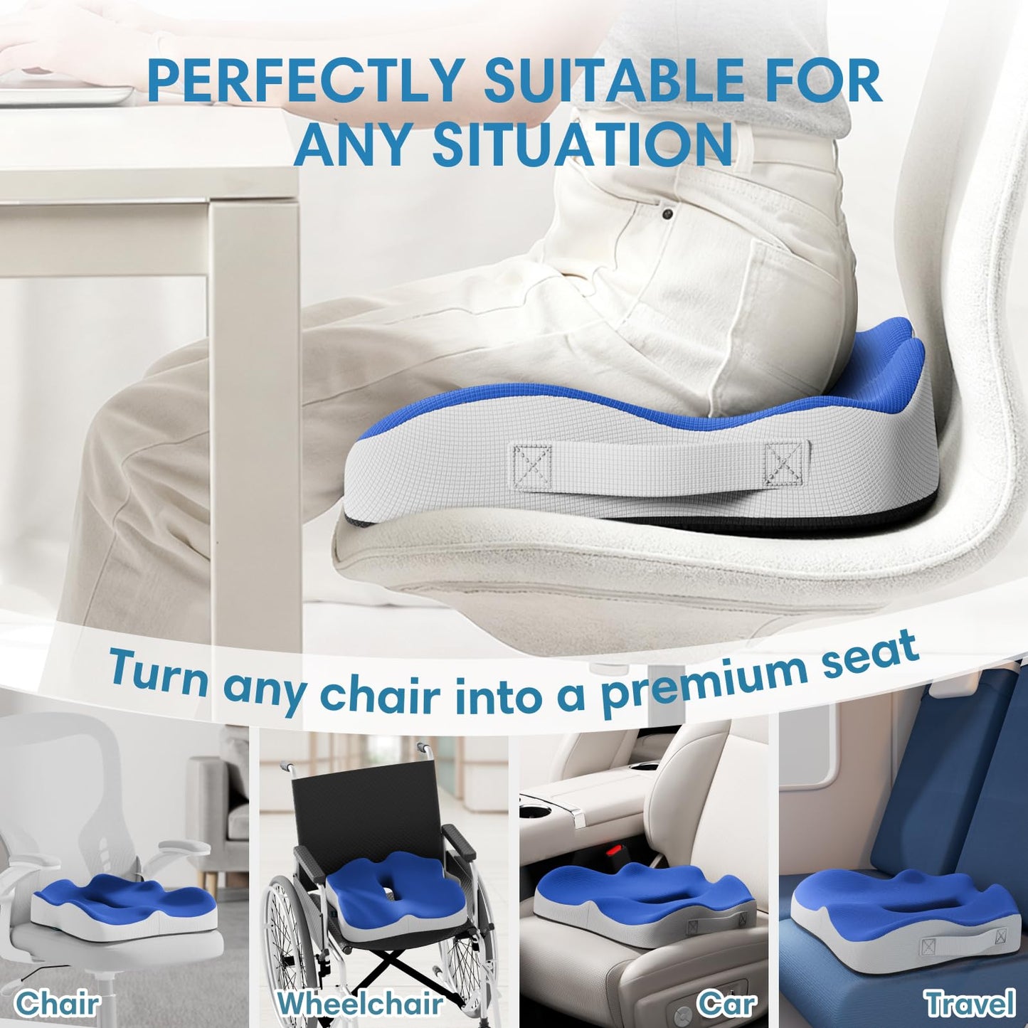 ModReve Memory Foam Seat Cushion for Office Chairs, Car Seat, Wheelchair, Desk Chair Pad - Extra Large Ergonomic Sciatica Coccyx & Tailbone Pain Relief Back Support Pillow for Long Sitting & Driving