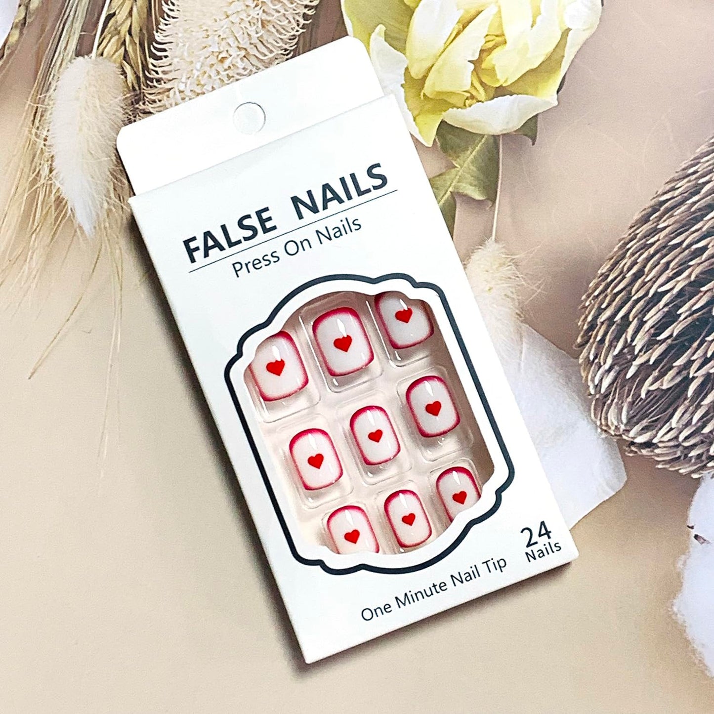 FIEONCIY Press on Nails Short Square Shaped Glossy Full Cover Acrylic Extra Short Square False Nails with Love Heart Designs Artificial Fake Nails Glue Stick ons Fingernails for Women Girls(JP3139)