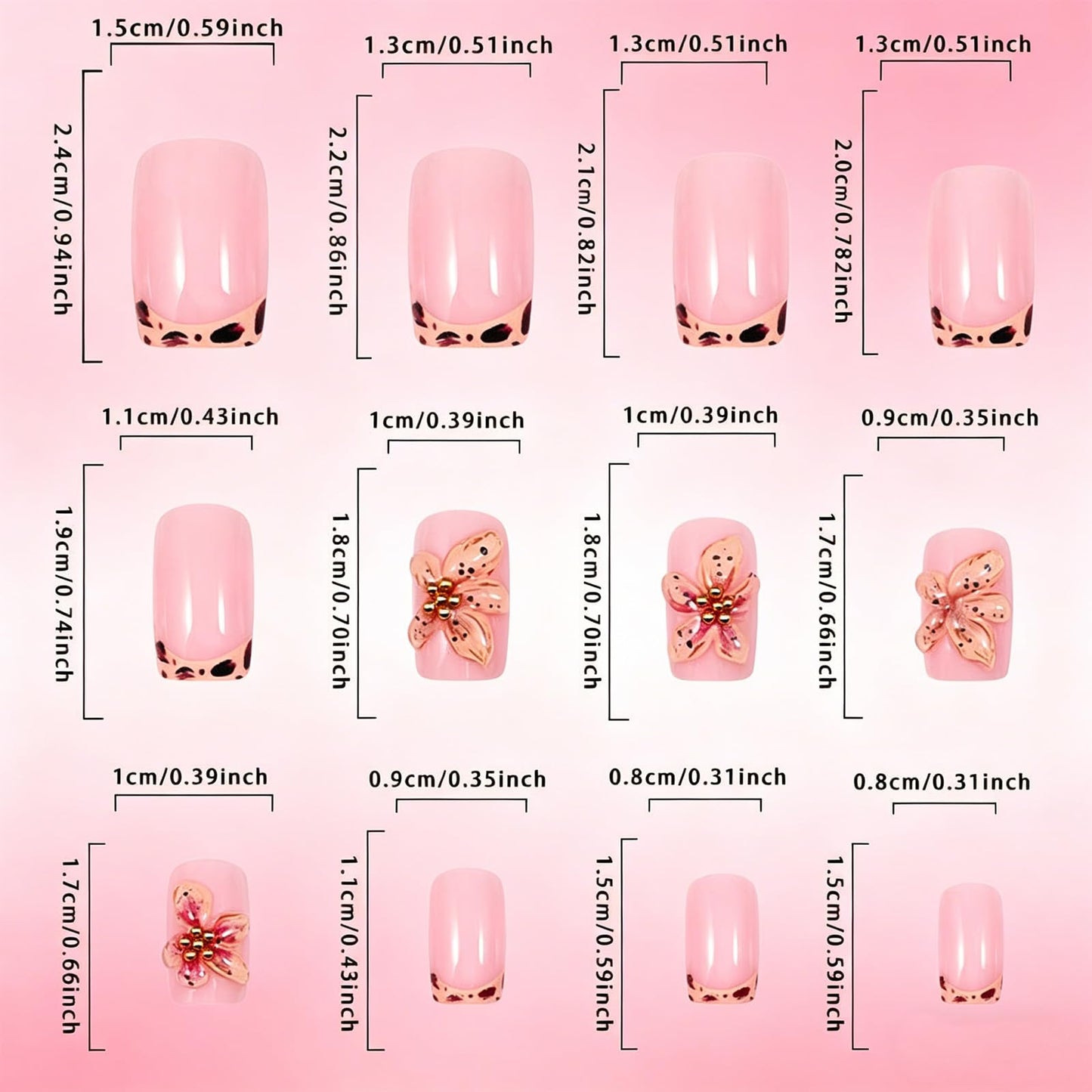 Cheetah Press on Nails with 3D Flower and Leopard Print, Medium Square Fake Nails, Reusable Glossy Brown Leopard False Nail Floral Stick on Artificial Fingernails for Women Daily Wear
