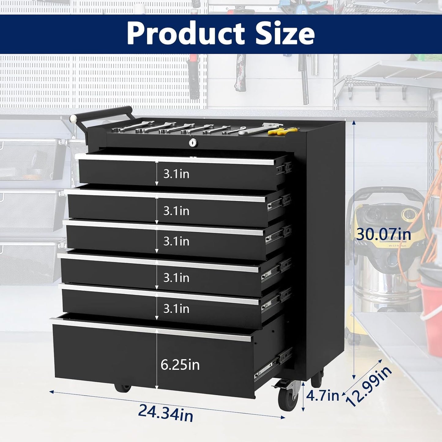 Rolling Tool Chest, 6 Drawers Tool Storage Cabinet with Wheels, Portable Tool Cabinet Organizer with Locking System & Drawer Liners,Universal Lockable Wheels, Tool Storage Cart for Garage, Workshop