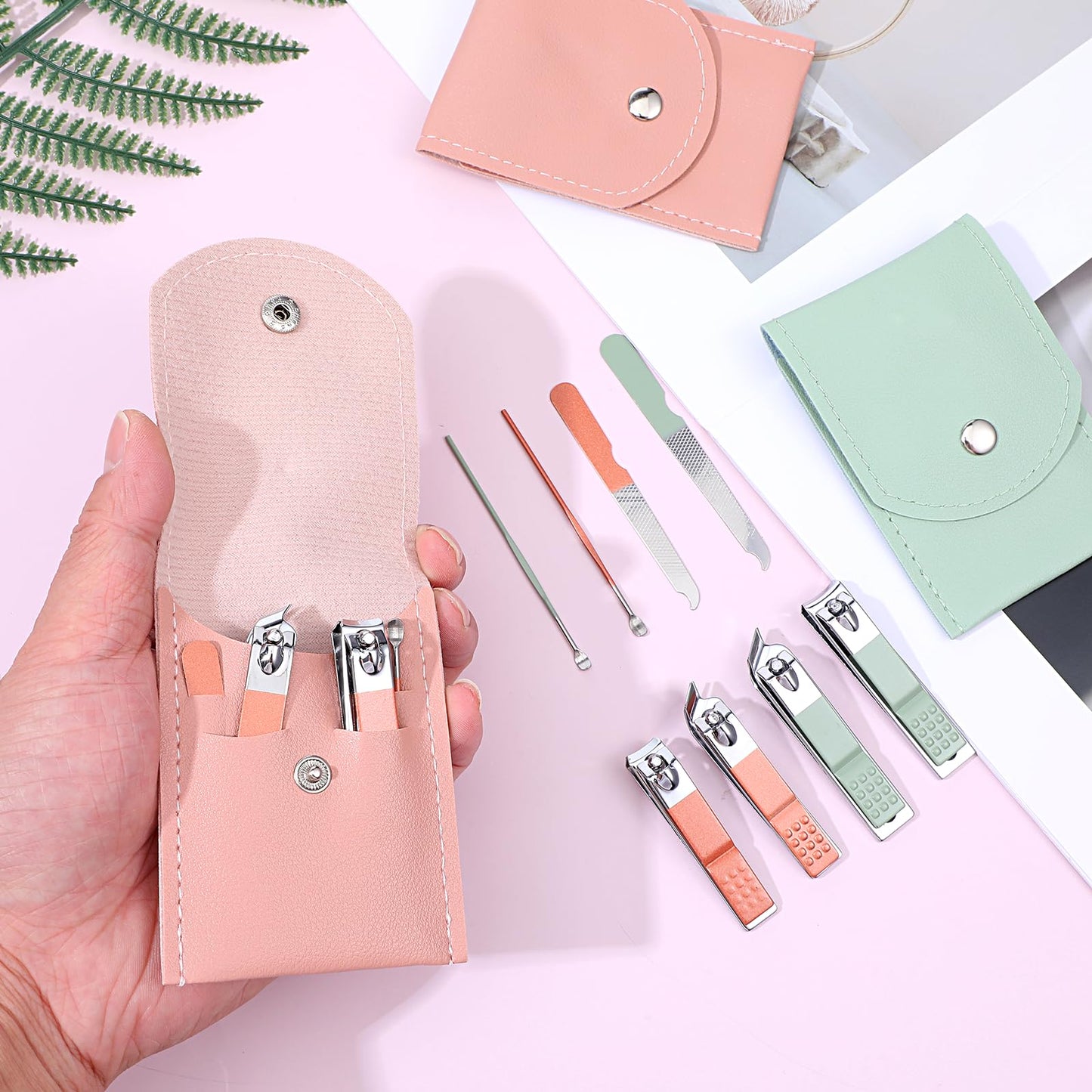 Lemecima 24 Sets Travel Manicure Kit, 4-in-1 Nail Clippers Bulk with PU Leather Case - 12 Pink & 12 Green Individually Wrapped Portable Nail Care Sets for Personal & Professional Use