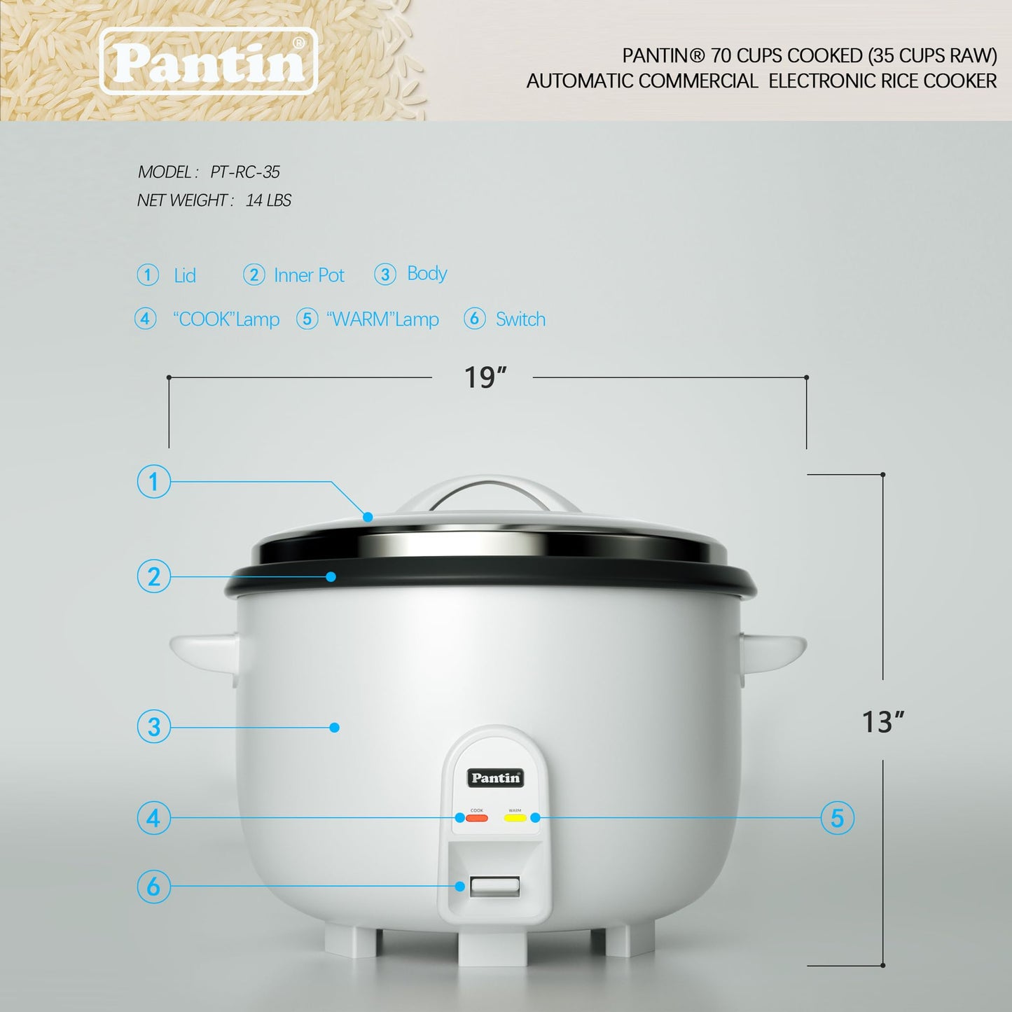 Pantin Commercial Electric Rice Cooker ā 35 Cups Raw / 70 Cups Cooked Capacity w/Measuring Cup & Scoop ā High-Efficiency Large Rice Cooker Commercial Rice Cooker for Restaurants, Hotels and Catering