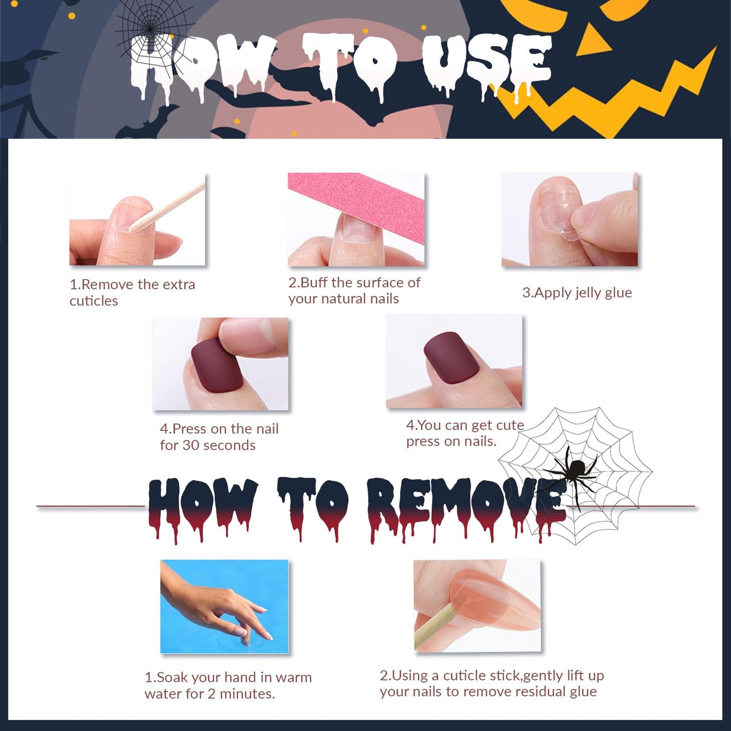 24 Pcs Halloween Press on Nails Long Coffin Fake Nails White French Tip False Nails with Designs Ghost Clown Glossy Glue on Nail Full Cover Acrylic Stick on Nail for Women Girls Manicure