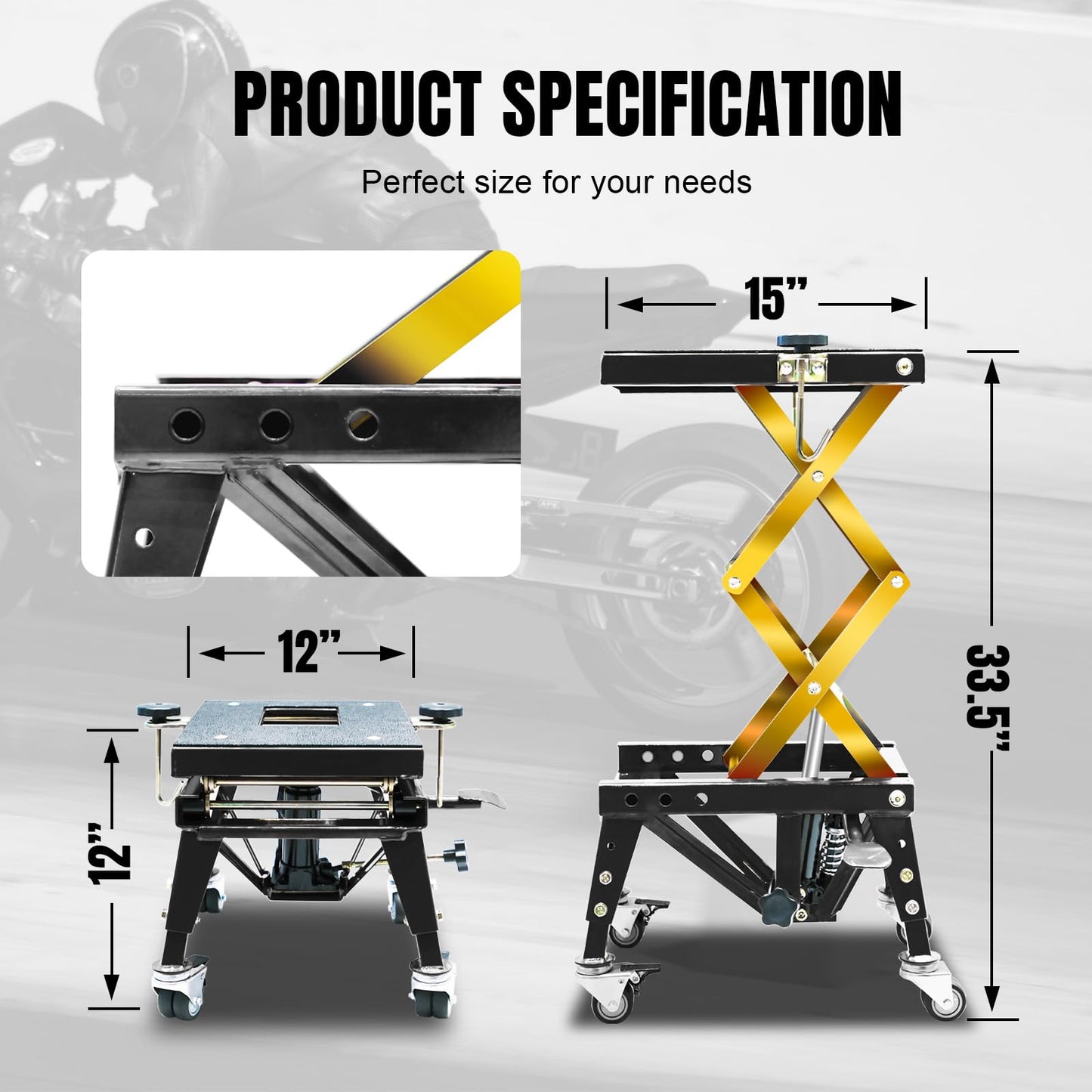 350 Lbs Motorcycle Lift Jack Table, Hydraulic Foot-Operated Scissor Lift Jack for Bike, Motorcycle Stand with 4 Wheels Black