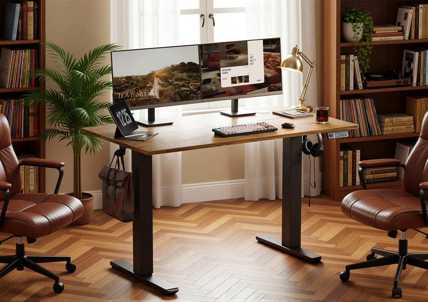 Seang Electric Height Adjustable Standing Desk, 55 x 24 Inch Sit Stand Desk with T-Shaped Frame, 3 Memory Presets & Cable Management for Home Office Computer Workstation, Black Frame/Rustic Brown Top