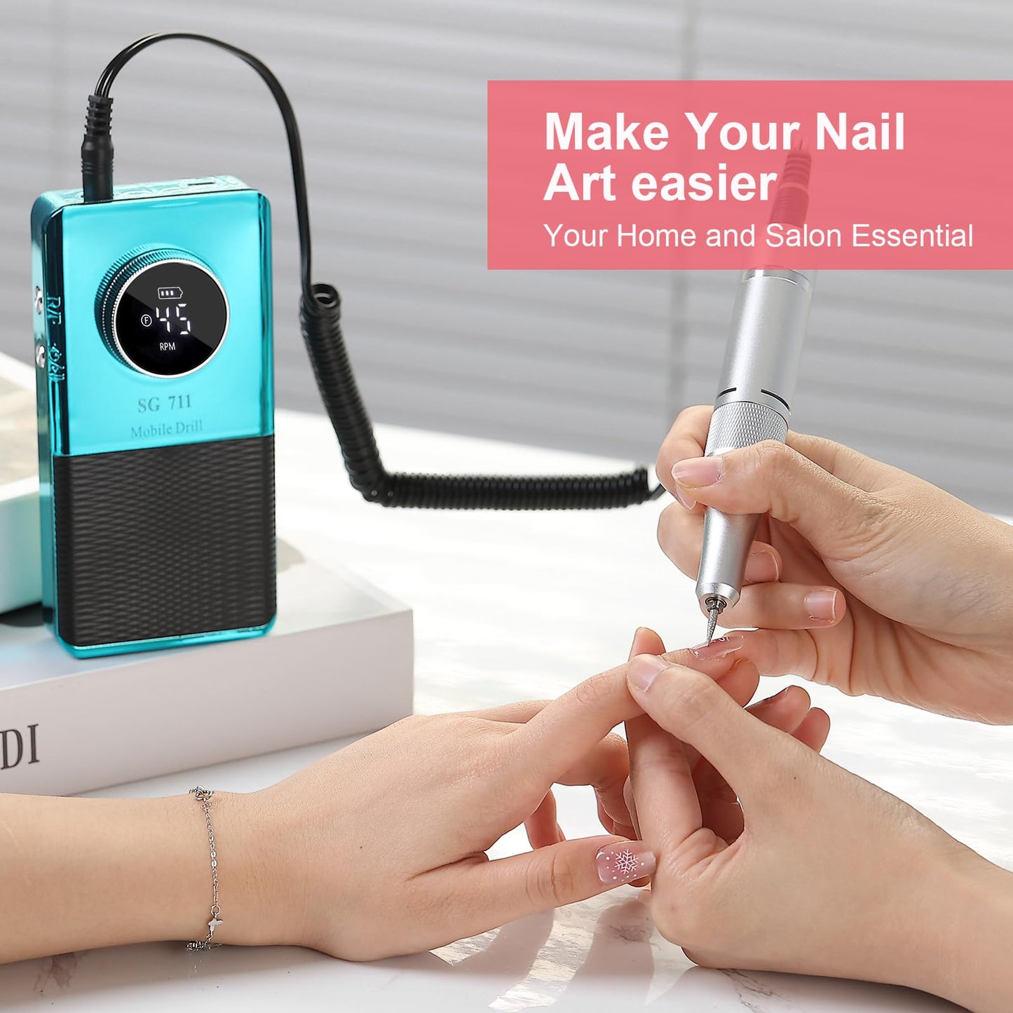 Electric 45000RPM Nail Drill Machine Rechargeable Portable Nail File Electric DIY Nail Drill Kit with Smart LCD Screen for Gel Nail Manicure and Pedicure Reflective Body etc (Blue)