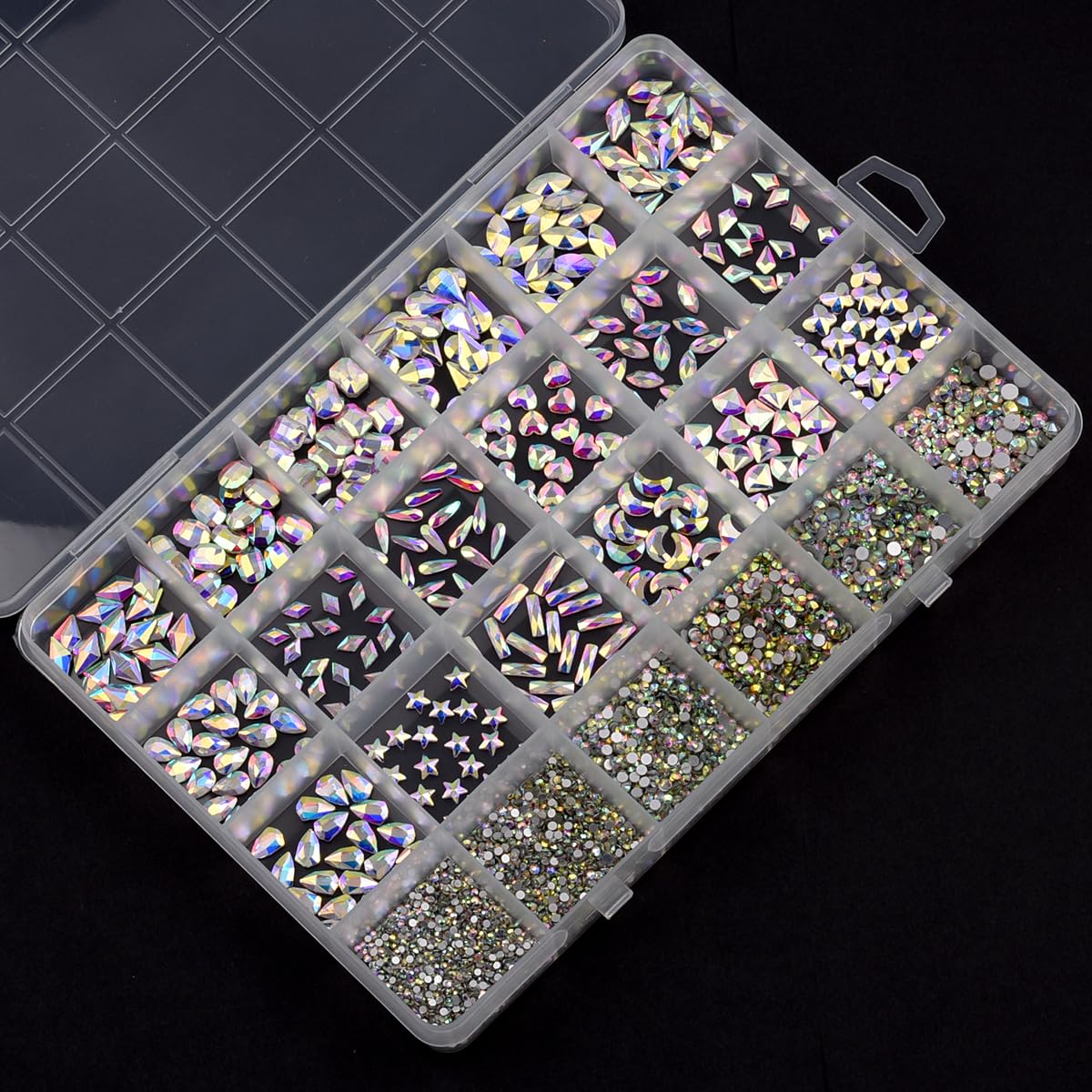 TEEKME Nail Rhinestones Kit 24-Grid, 2800PCS Crystal AB Flatback Glass Gems, 18 Shapes 6 Sizes Round Diamonds for Gel Acrylic Nails, Salon DIY Manicure Supplies with Storage Case, Tweezers, Wax Pen