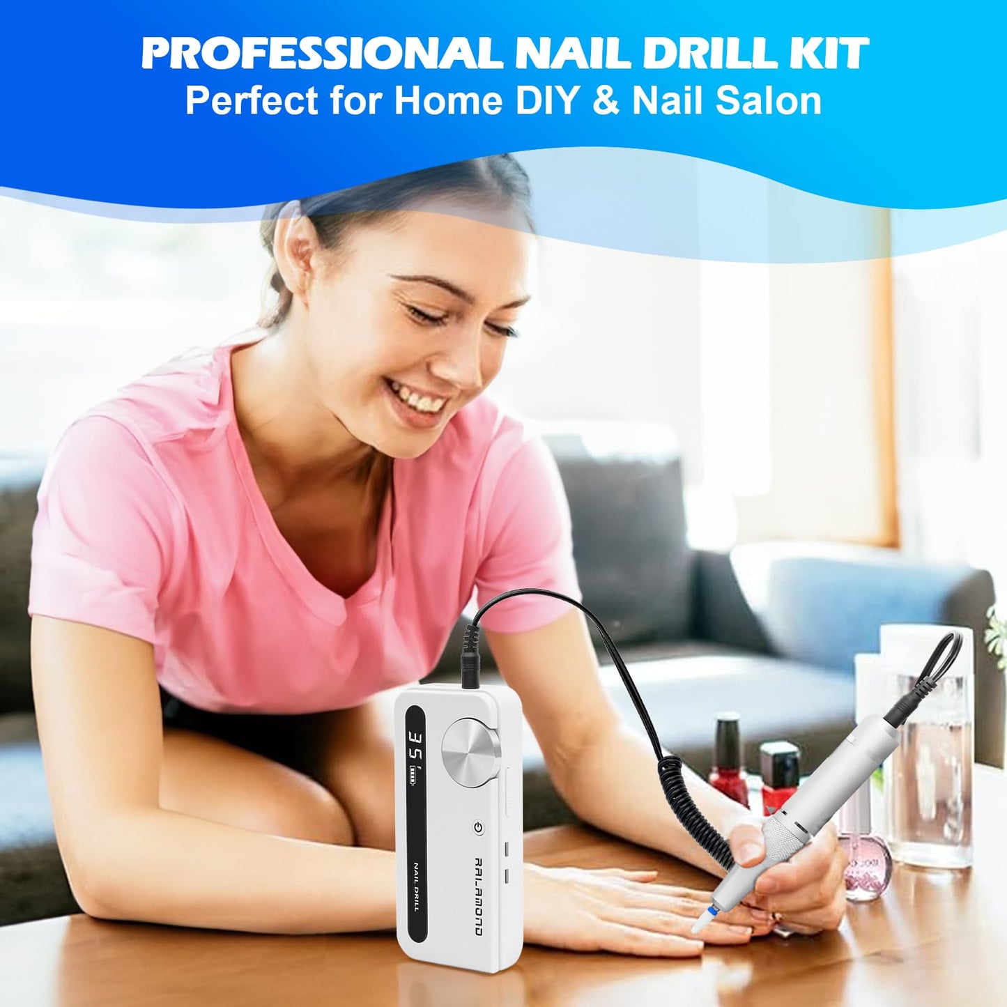RALAMOND Professional Nail Drill, 35000RPM Electric Nail File, Rechargeable Cordless Machine, Nail Drill Kit with Bits, Portable Electric Nail Filer Manicure Pedicure (White)