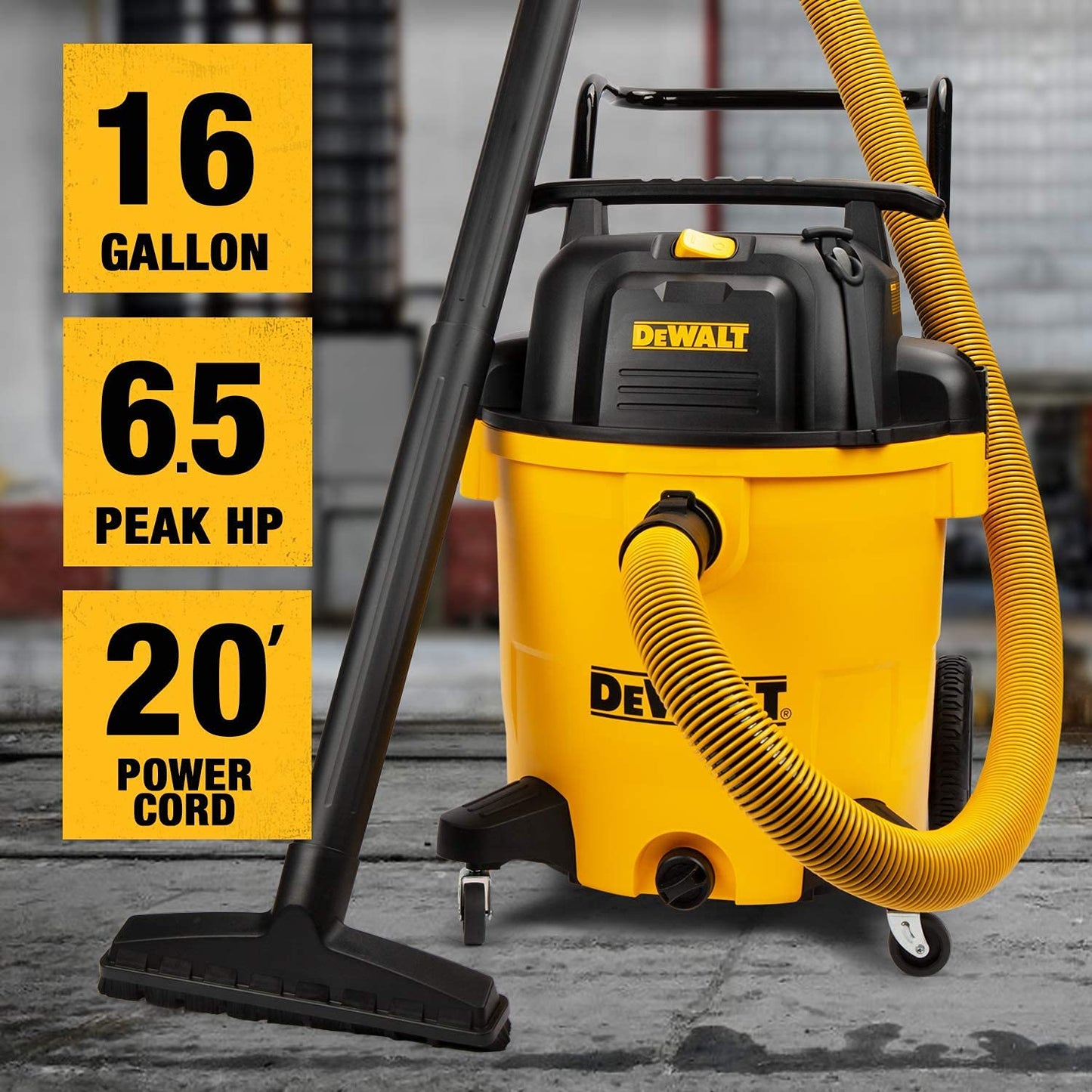 DEWALT 16 Gallon Shop Vacuum Wet/Dry, 6.5 Peak HP, Heavy Duty Poly Vac with Powerful Suction, Cart Style Wet/Dry/Blow 3 in 1 Multifunction Wet and Dry Shop Vacuum, Built-in Drain, DXV16PA