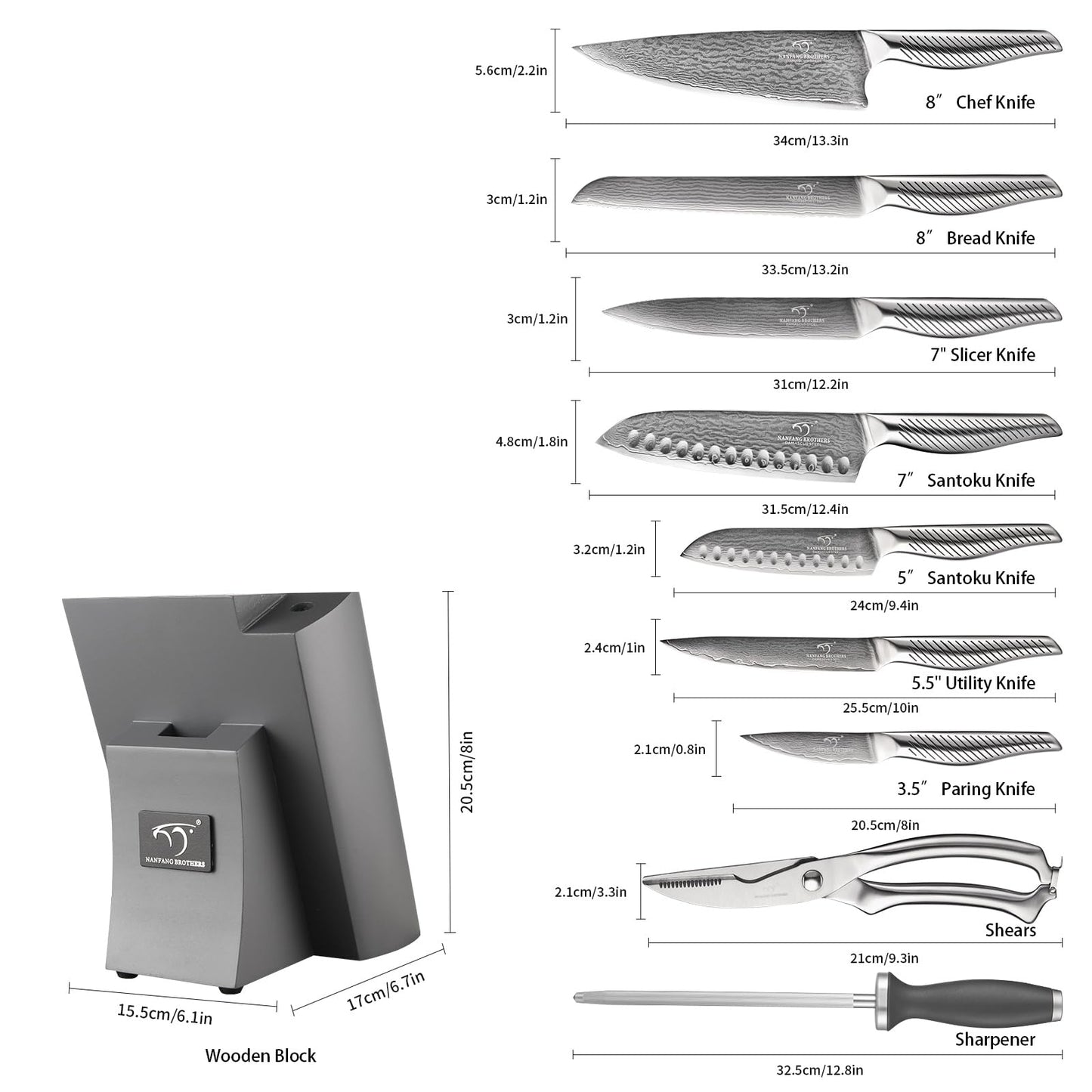 NANFANG BROTHERS® 10 Pieces Damascus Kitchen Knife Set, High Carbon Stainless Steel Damascus Steel Chef Knife Set, Stainless Steel Ergonomic Handle for Chef, with Built-in Sharpening Rod NF