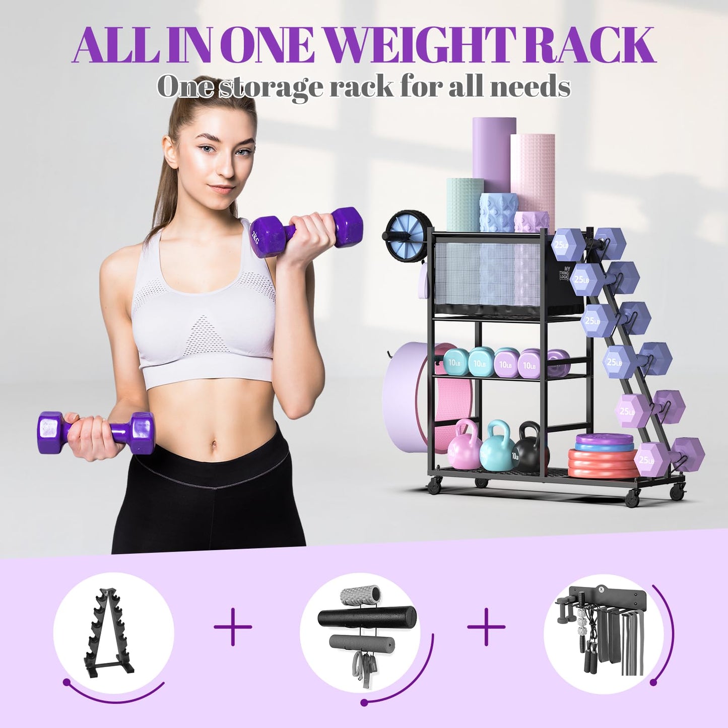 Mythinglogic Dumbbell Rack for Home Gym, Weight Rack for Dumbbells,Yoga Mat Holder for Yoga Mat and Kettlebells, Multifunctional Home Gym Storage Rack with Casters (New Black)