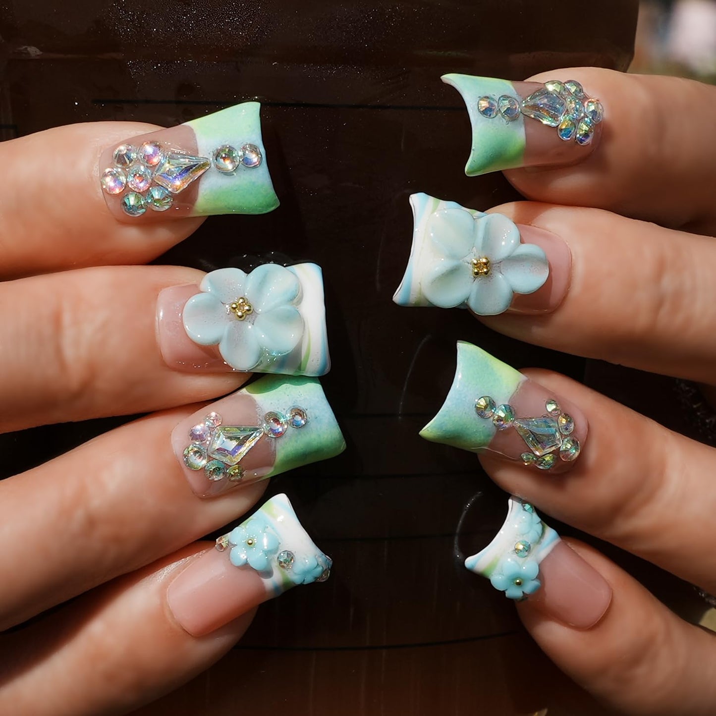 Tesytto Luxury Press On Nails Handmade Short Duck Nails, Mint Green Ombre French with 3D Floral Charms, Bling Crystal False Nails, Glossy Art Designs Reusable Acrylic (Misty Blue Floral Glitz,M)