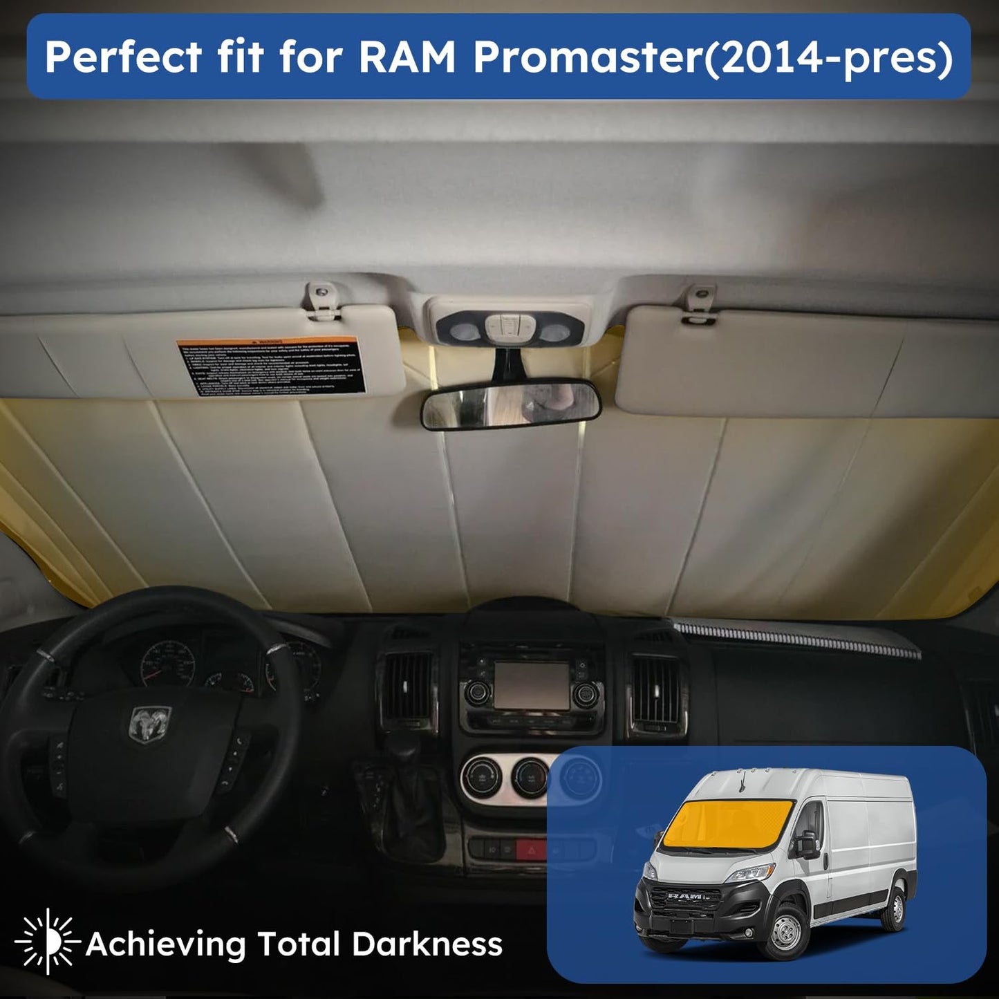 Ram promaster Window Covers (2014-present), Magnetic Fit, Built-in 5.0mm Premium Insulated Fireproof Foam, Sunshade, Shade, Durable, Portable (Front Windshield)
