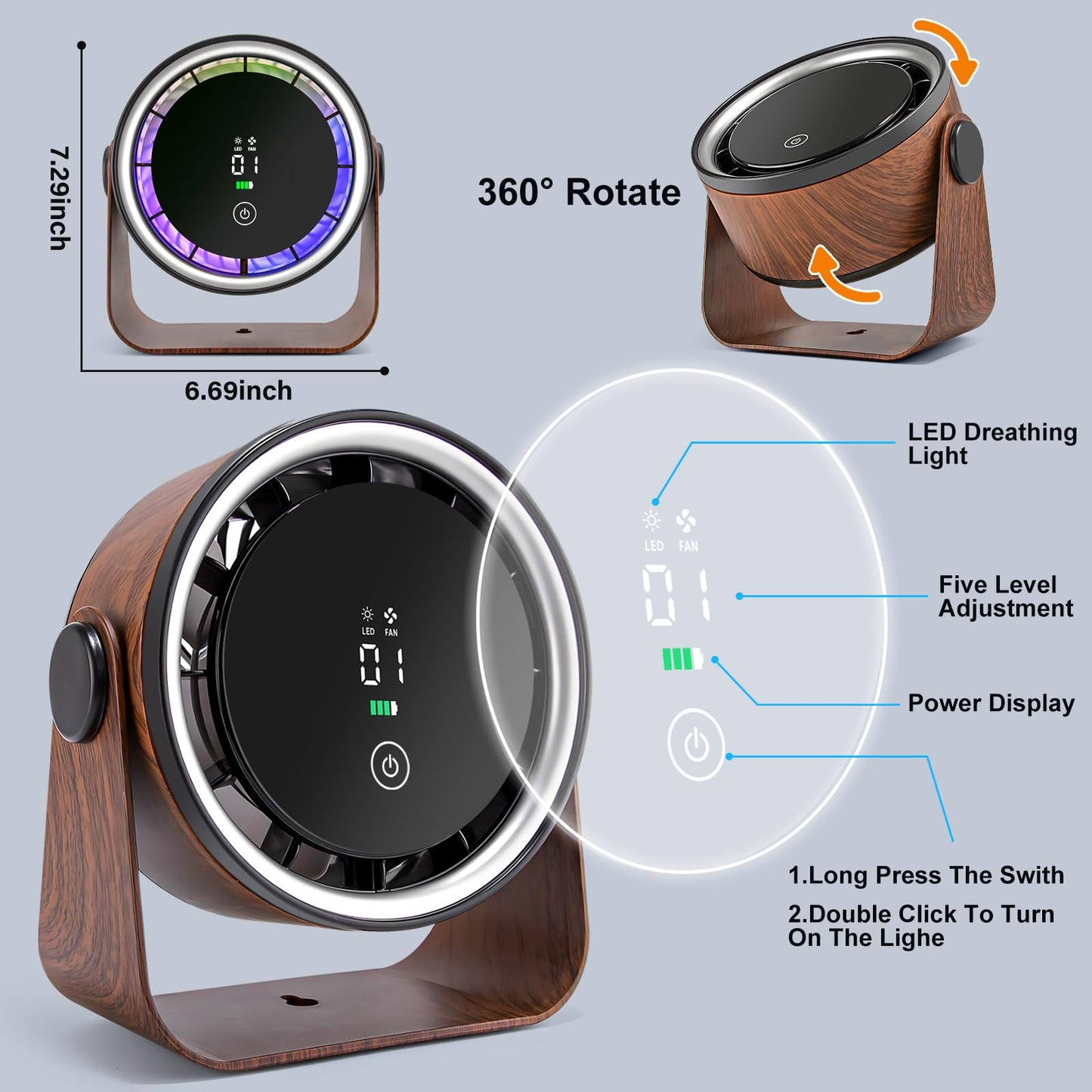 Small Desk Fan 5000mAh Rechargeable Battery Powered -Retro Low Noise Quiet Portable Gentle Blowing with LED Night Light Office Bedroom Table Top Wall Hanging Kitchen Camping Dorm 5-Speed 360° Rotation