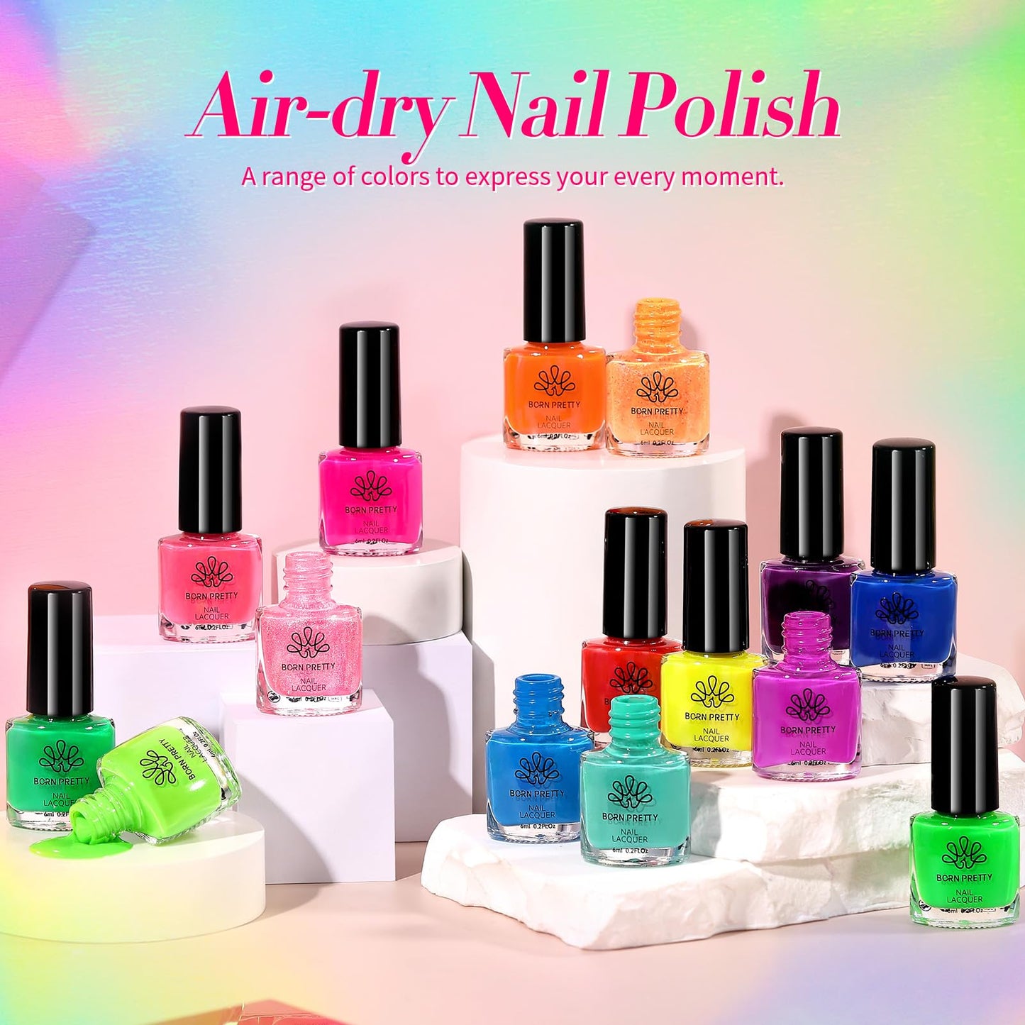Born Pretty Neon Nail Polish Set, 15 Colors Spring Summer Nail Polish Quick Dry Nail Polish Kit Hot Pink Yellow Green Blue Neon Nail Lacquer Manicure Set for DIY Nail Art Salon Home Gift