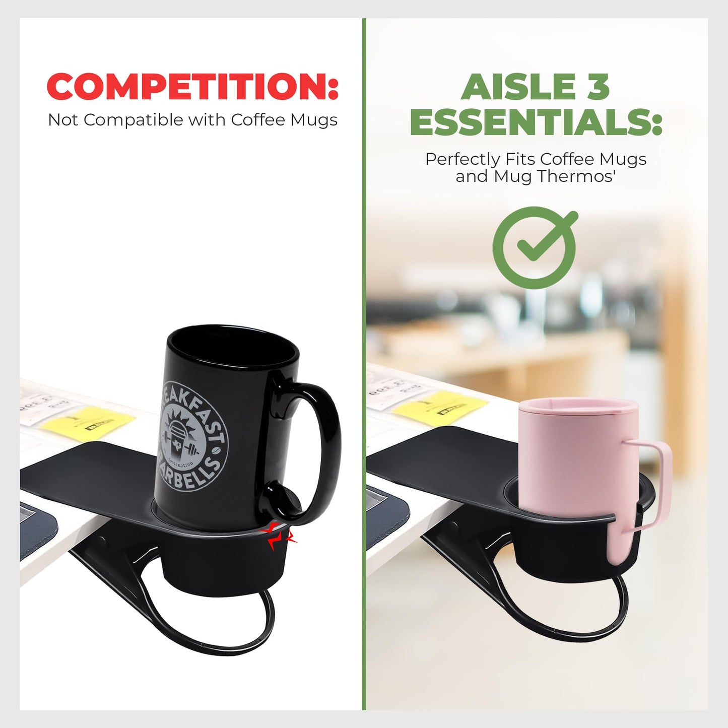 AISLE 3 ESSENTIALS Desk Cup Holder Clamp, Clip On Cup Holder for Desk, Anti Spill Drink Holder with Phone Slot, Clamp On Holder for Coffee Mug Water Bottle Gaming Desk