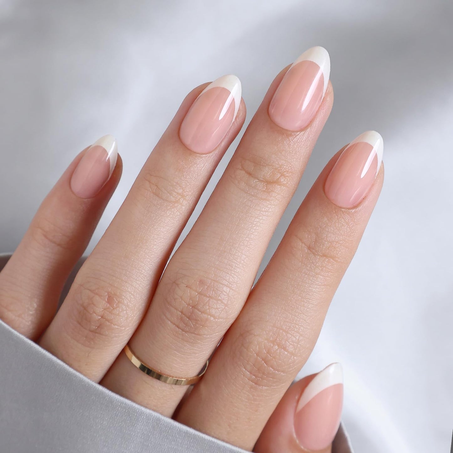 White French Tip Press on Nails Almond - SHANGMENG Glow in The Dark Short Nails for Women, Seamless Fit & Glossy Soft Gel Glue On Nails in 16 Sizes - 32 Fake Nails Kit with Glue, Moonlit Ballet
